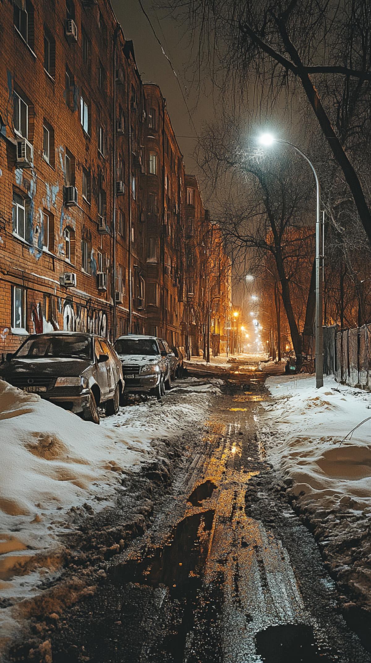 Hyper realistic award winning editorial portrait of a dirty street in Peterburg at night, housing project, strange graffitis at night, dirt and snow on the ground by Martin Parr, hyper realistic, award winning, old photo, real, stylize 1000 v 5.1