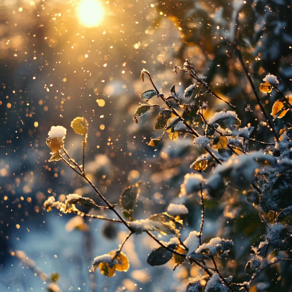 First snow, realistic photo, magical, beautiful light, photo exhibition level