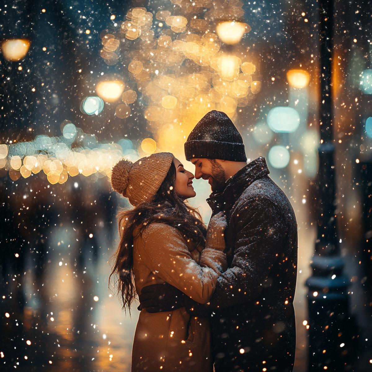 First snow in the city, evening, couple in love in the foreground close-up, snow falling in large flakes, beautiful light, realistic photo