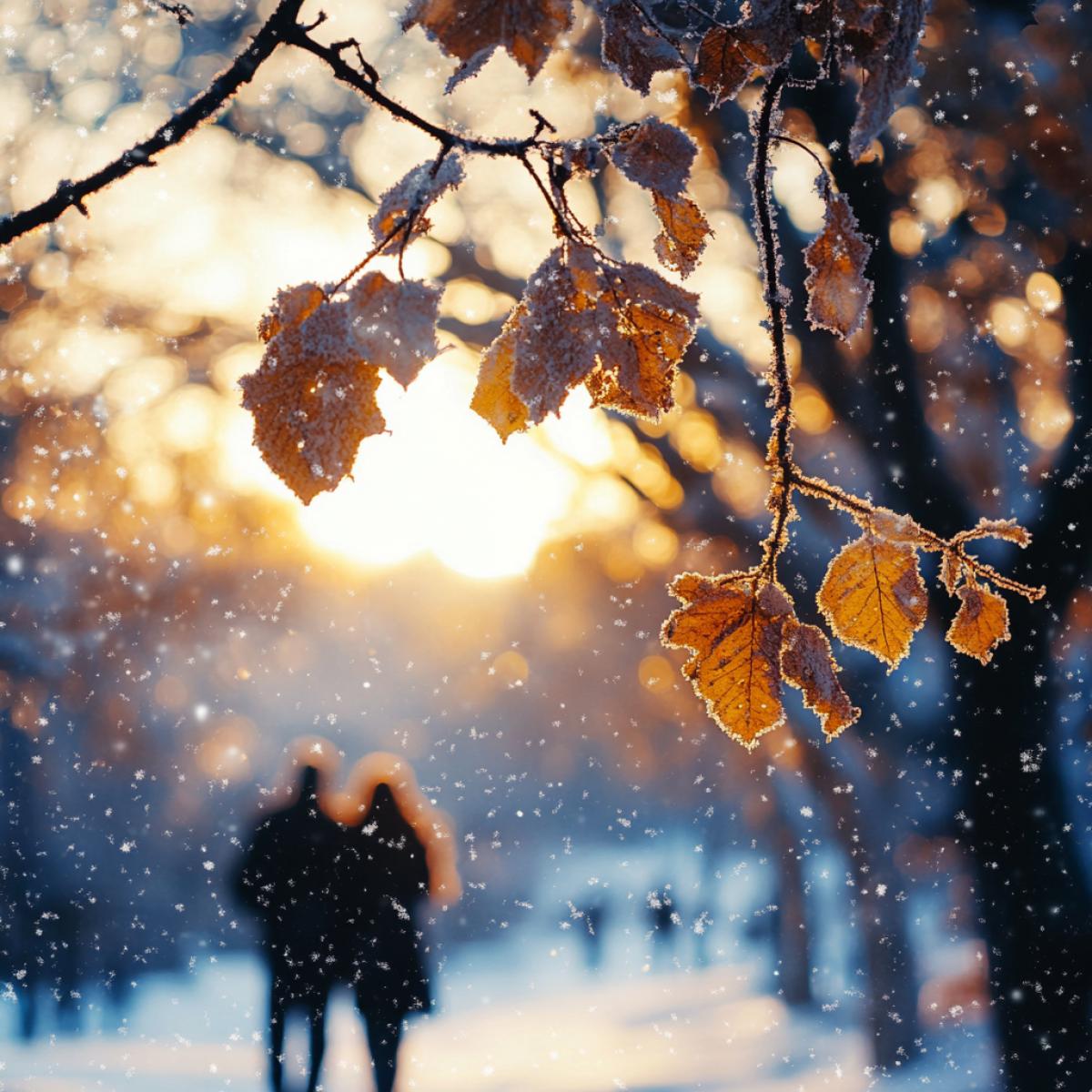 City park, first snow, foliage of trees under the snow, evening, couple in love in the foreground close-up, snow falling in large flakes, beautiful light, realistic photo, close-up