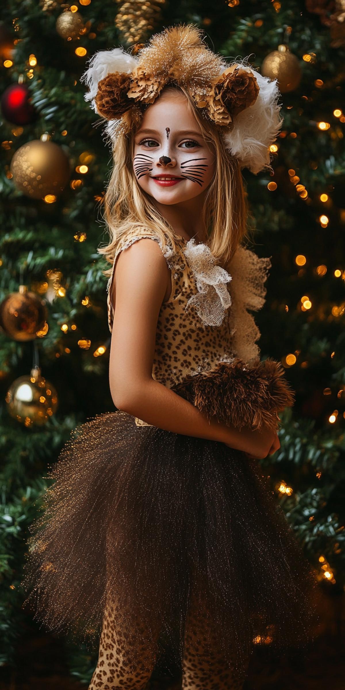 A girl in a full-length lion masquerade costume, makeup on her face, painted cat whiskers, smiling, against the background of a Christmas tree, lights