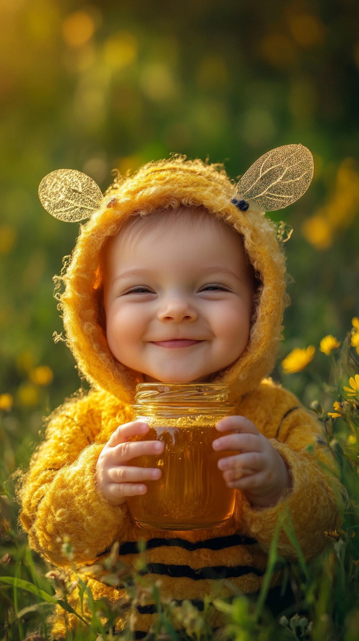 Cute baby in a bee costume. In the hands of a jar of honey. Smile. Background summer lawn with flowers. Sunny day