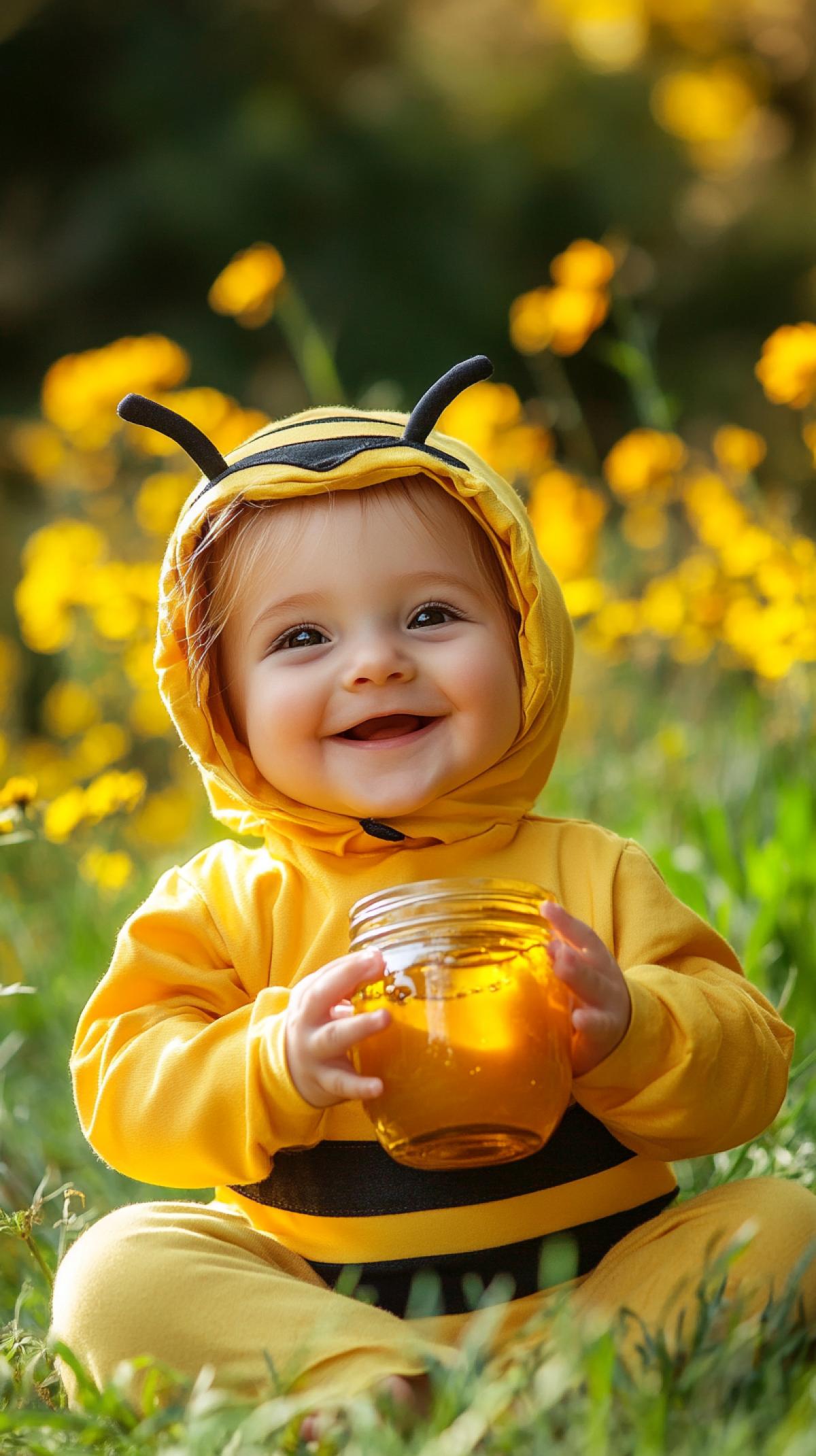 Cute baby in a bee costume. In the hands of a jar of honey. Smile. Background summer lawn with flowers. Sunny day