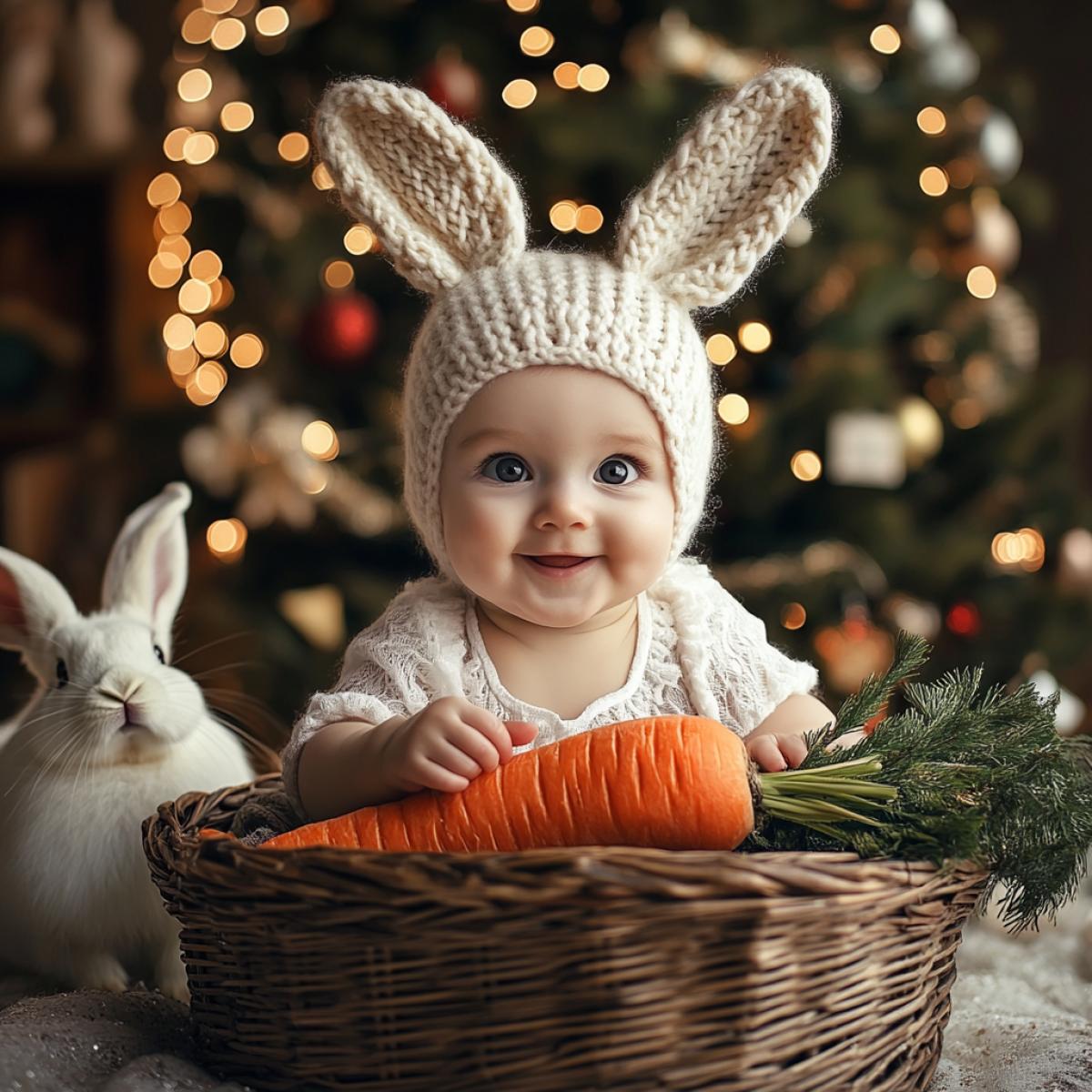 A baby in a masquerade hare costume, a hat with fluffy ears made of hare fur, a white fluffy blouse, a large carrot in his hands, sitting in a basket, next to this basket there is a live rabbit, in the background there is a Christmas tree with lights, gifts