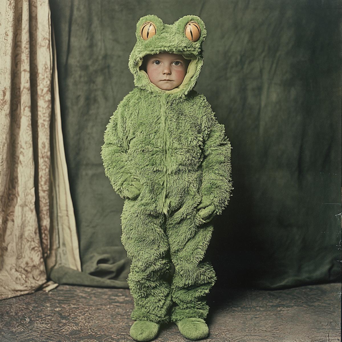 child in frog fur suit