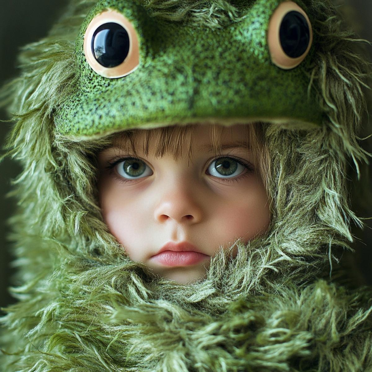 child in frog fur suit