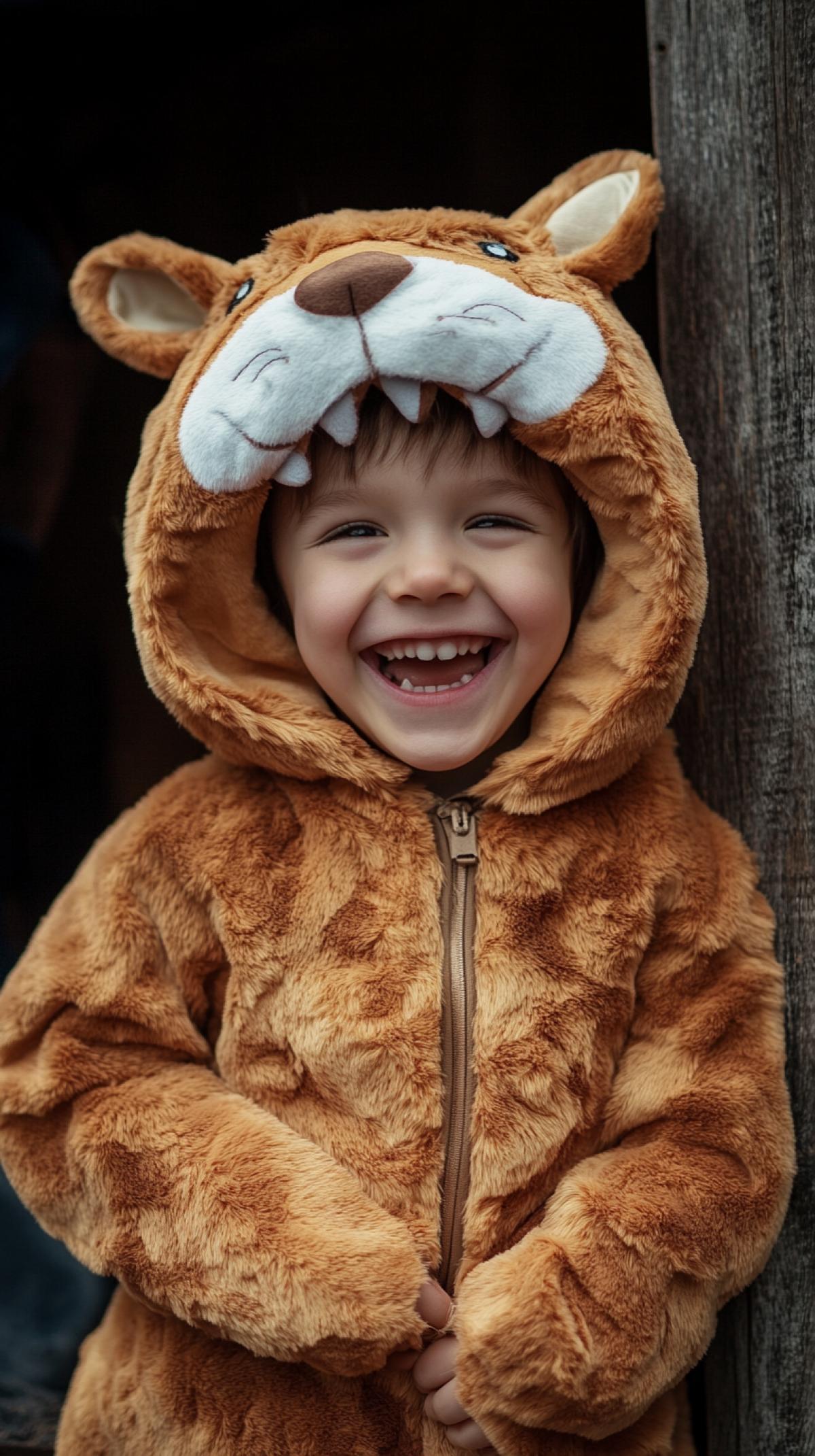 Happy child in a bright costume of a saber-toothed squirrel from the cartoon Ice Age