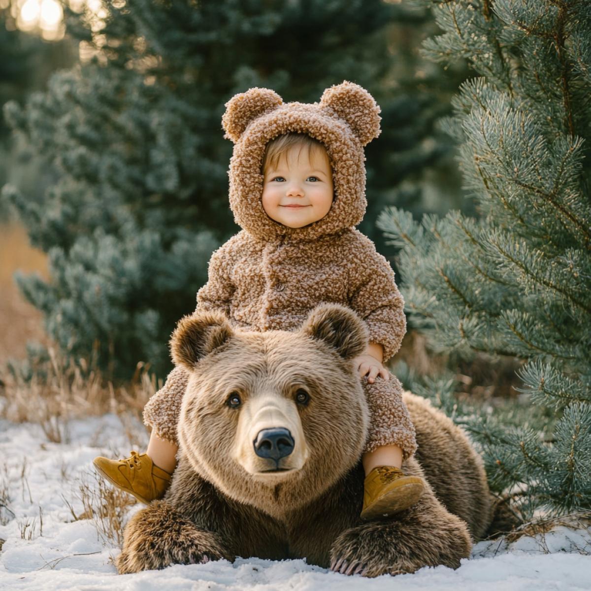 A child in a New Years bear costume sits on a live bear, against the backdrop of forest, fir trees, snow.