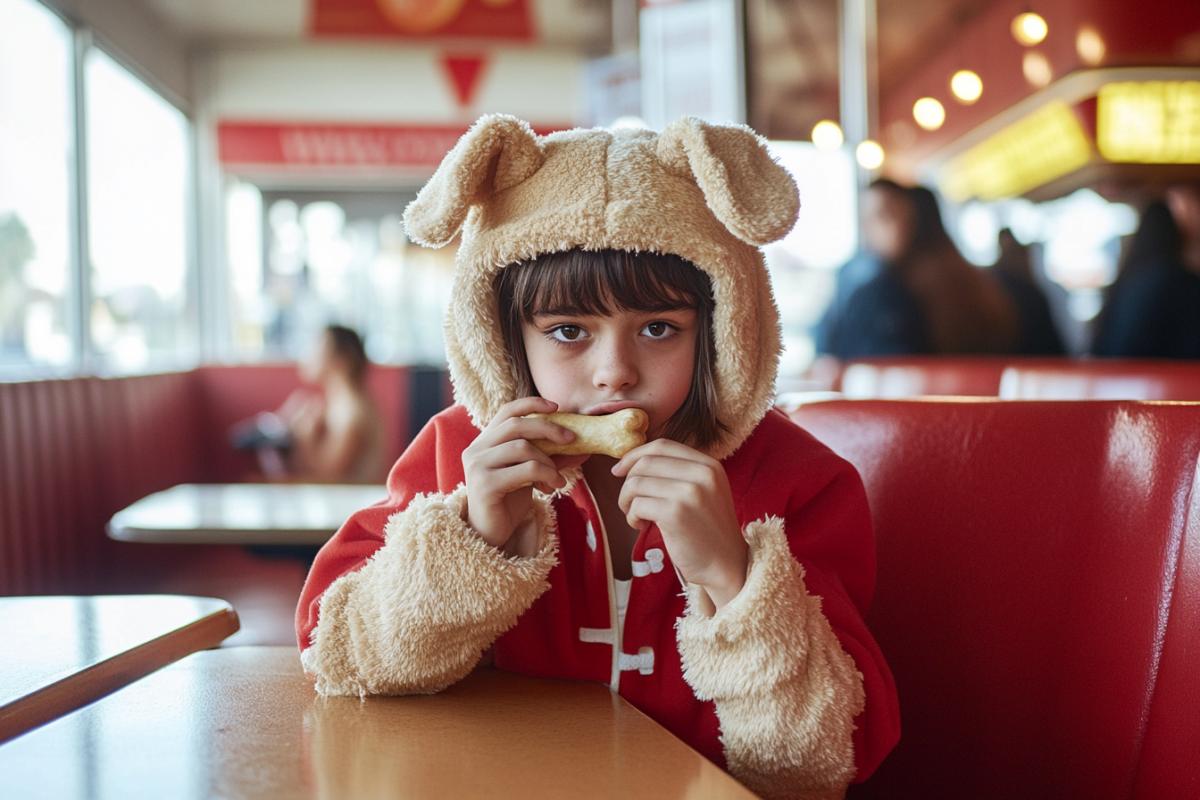 Teenager quadropper in a dog costume sits in a booth and eats a bone