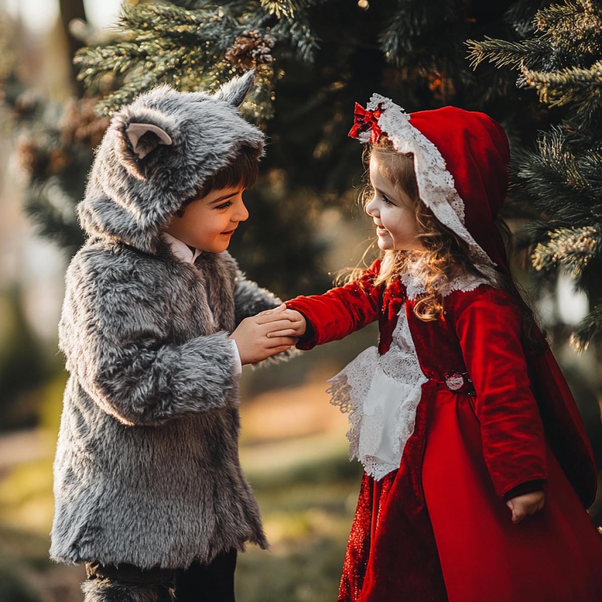 A little boy in a gray wolf costume is pulling a little girl in a red riding hood costume by the hand towards the New Year’s tree.