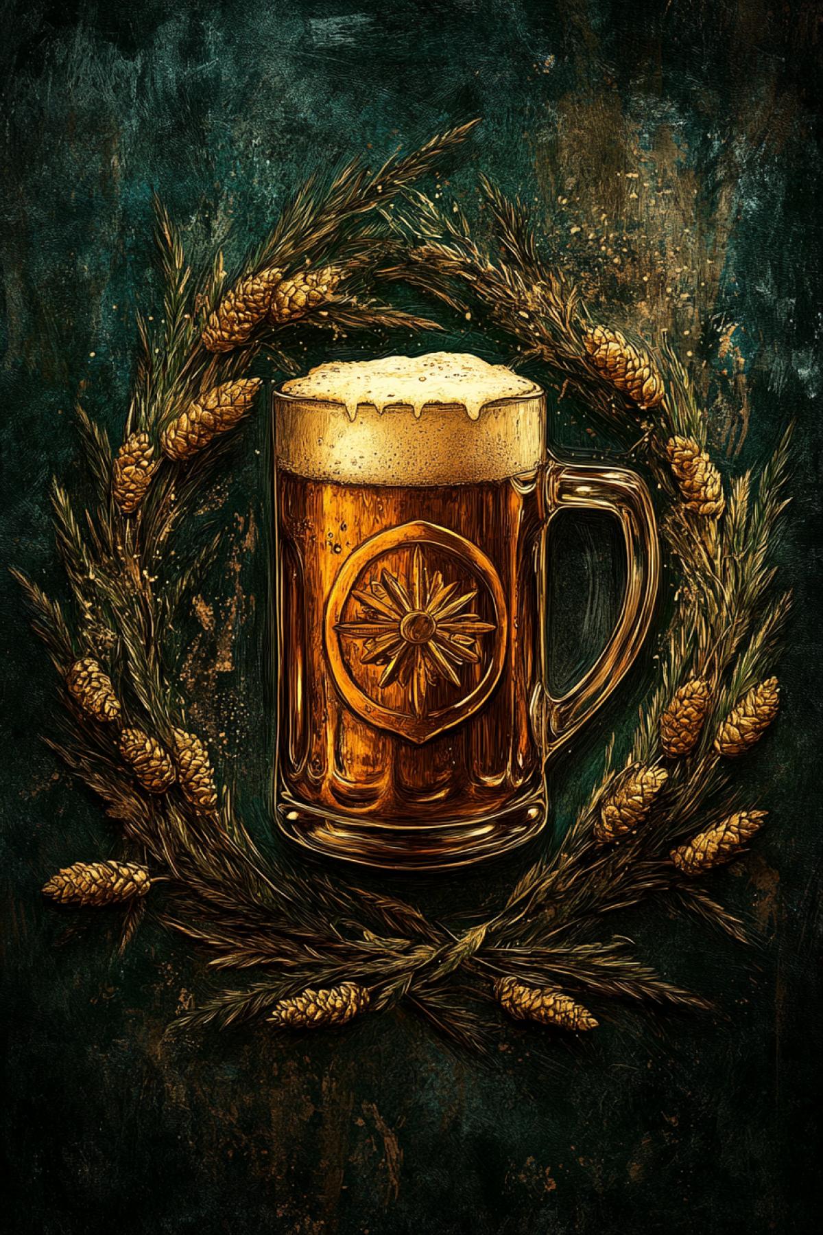 The coat of arms of the Beer Lovers Society. The main attributes are a mug of beer in the center and branches of hops and malt around the edges. Very detailed. Precise drawing on dark green velvet background.