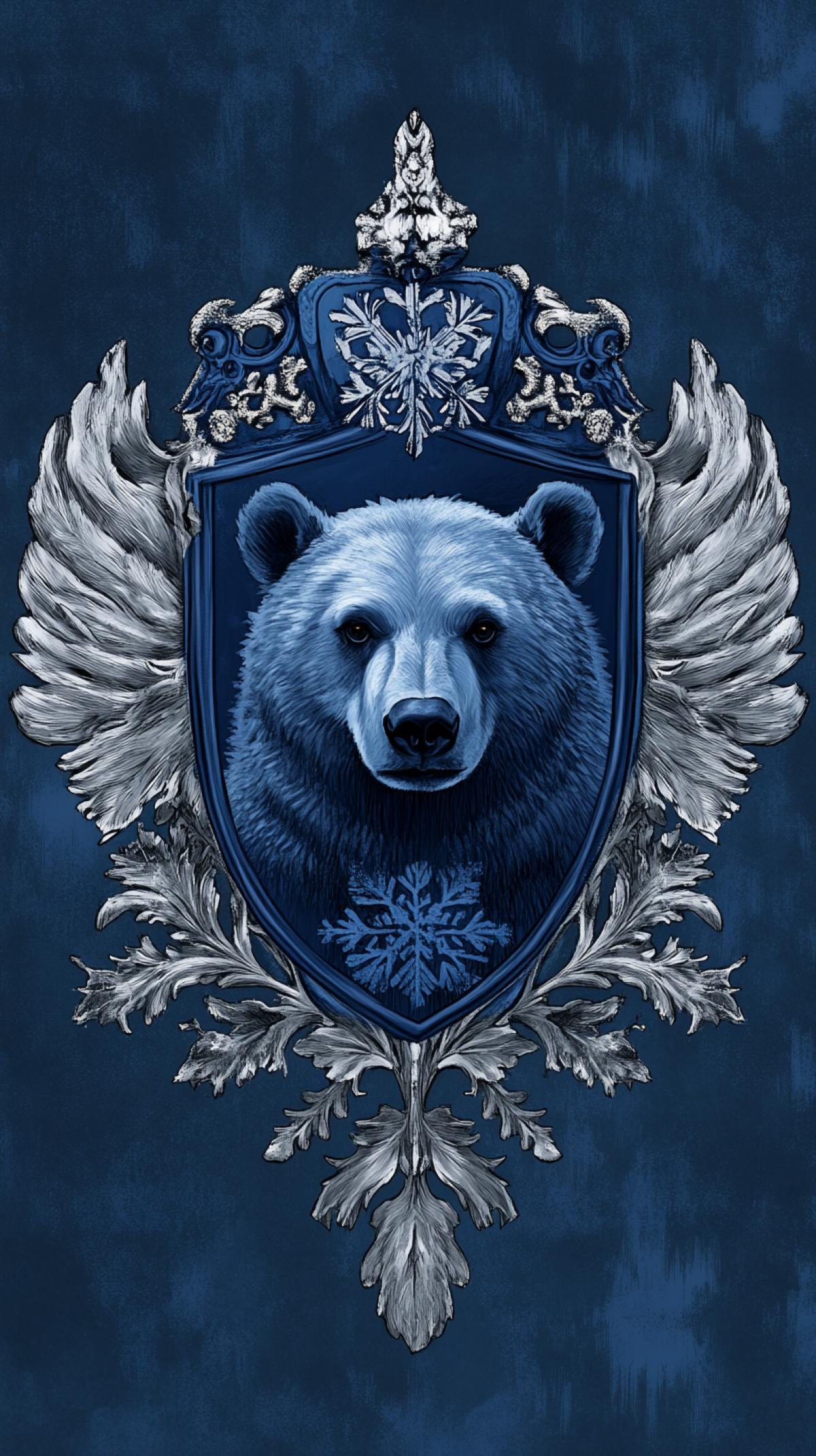Coat of arms. The main element is snowflake and bear. The base of the coat of arms is velvet blue.