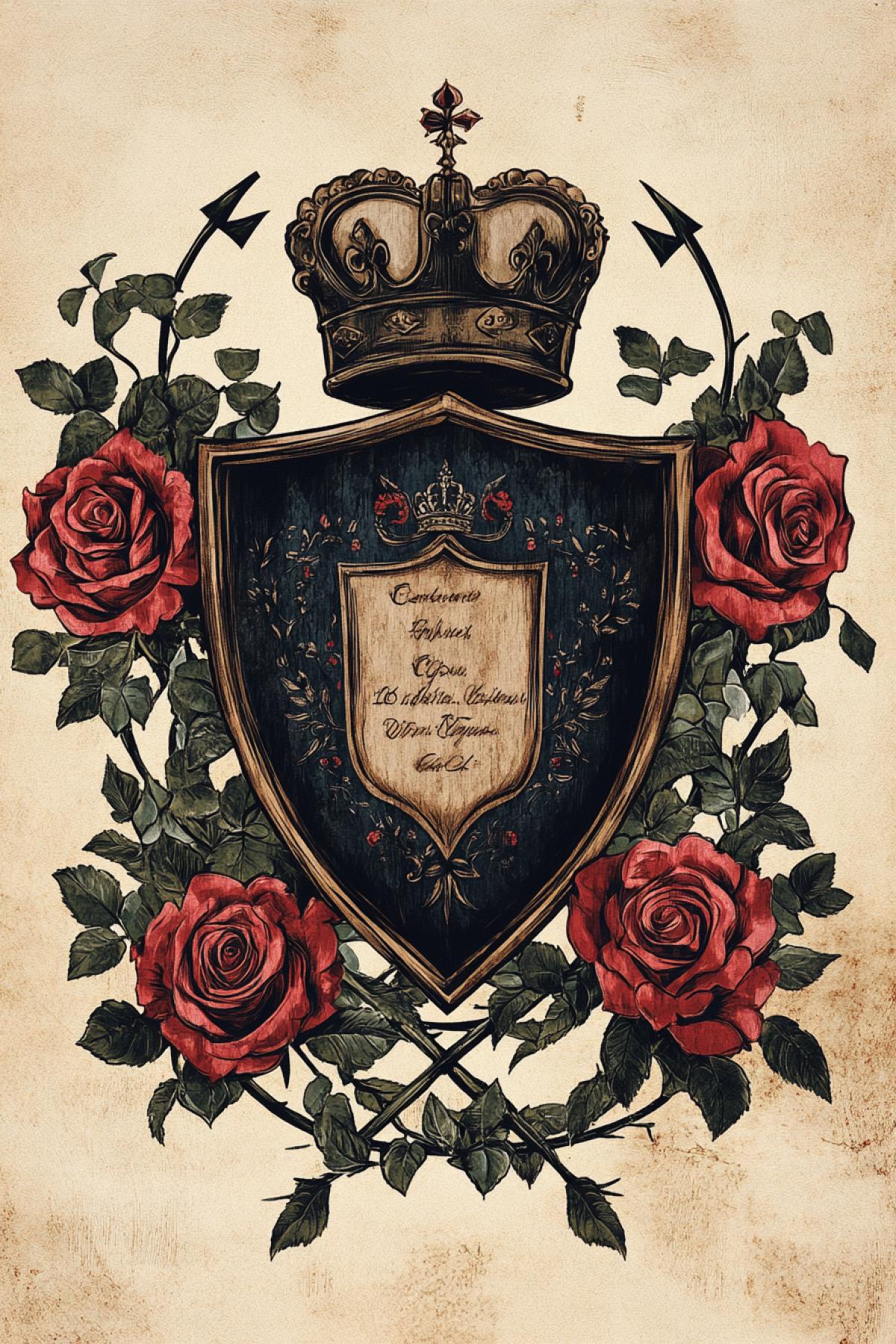 Coat of arms with roses, barbed wire and shield. a sign with an inscription in Chinese. With a crown. With boundary arrows