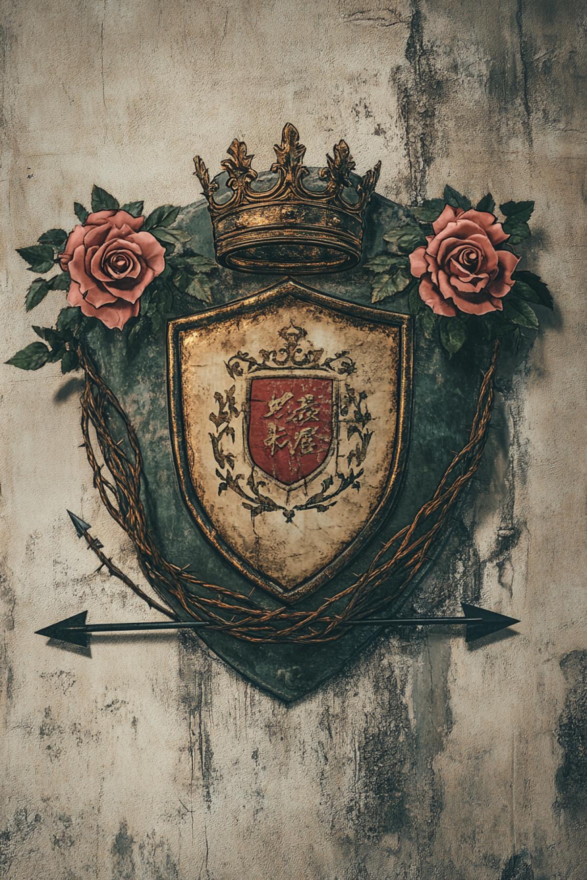 Coat of arms with roses, barbed wire and shield. a sign with an inscription in Chinese. With a crown. With boundary arrows