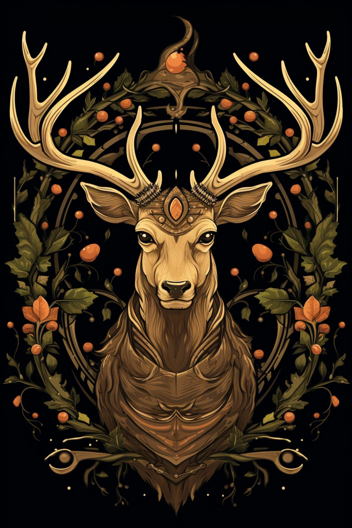 Coat of arms with a deer in the center with dark gothic elements, the coat of arms is entwined with vines, 2D, illustration