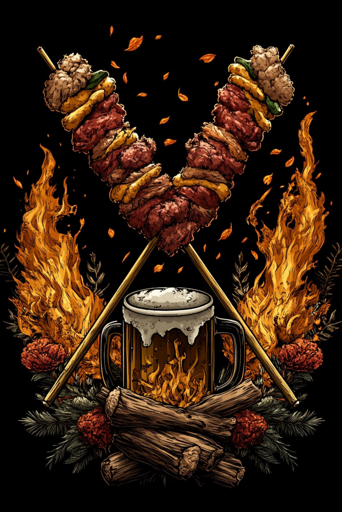 The majestic crest of the kebab makers. Two golden crossed skewers with kebab on the background of a full mug of beer. At the bottom, a bonfire is stacked. Flame tongues frame the whole com4k. Beautiful and aesthetic coat of arms.