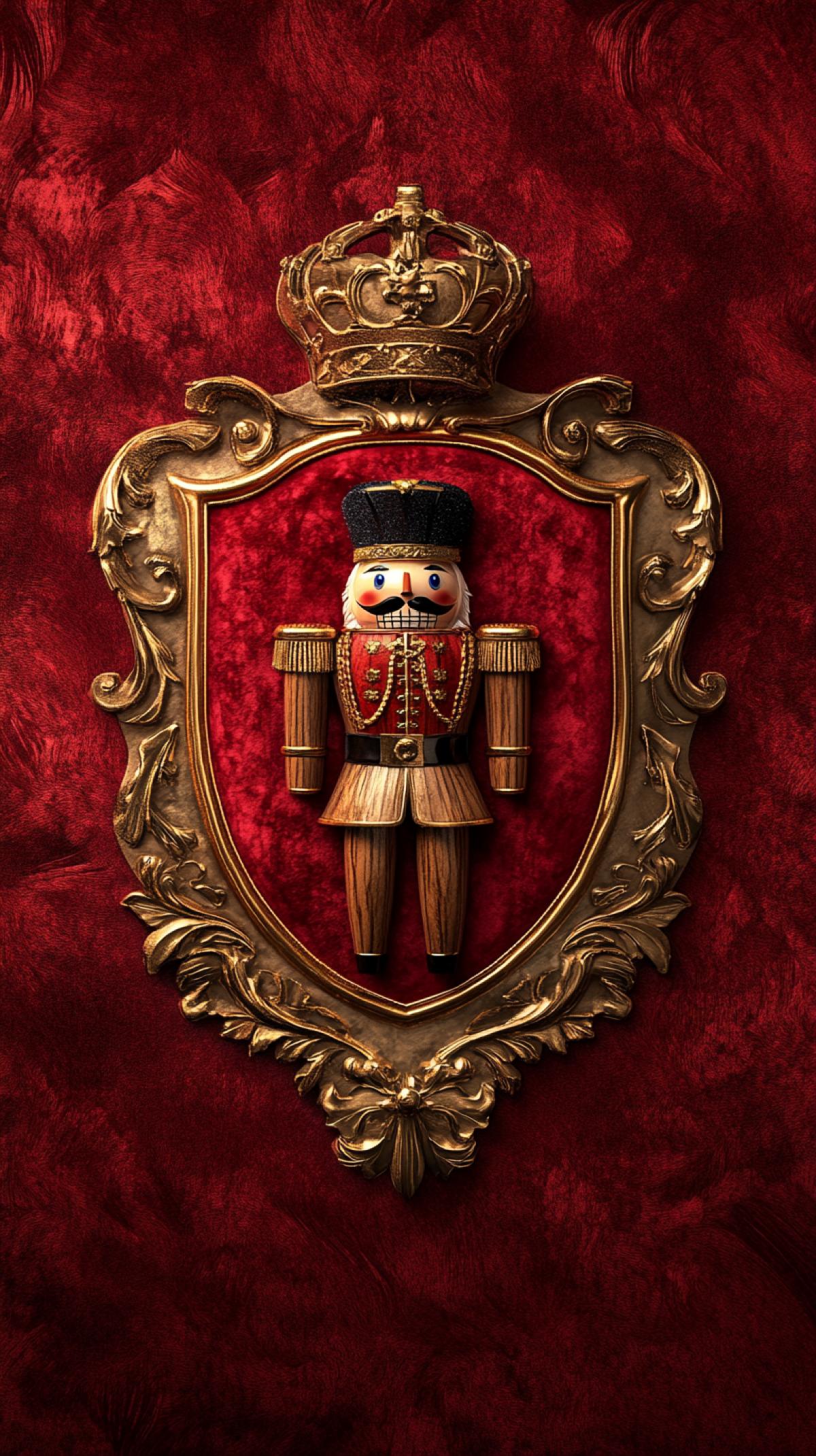coat of arms heraldry in the form of a shield, the main element is a wooden hussar nutcracker, on a scarlet velvet background, small details around the coat of arms reflect ballet, saturated dramatic colors, golden elements