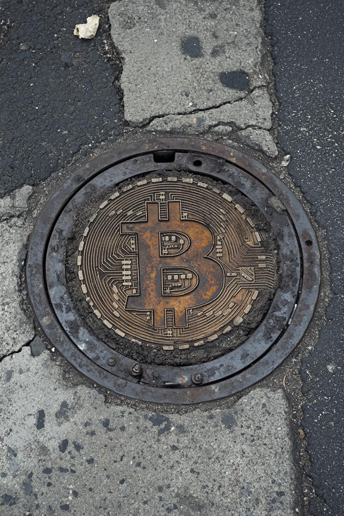 A dirty, rusty sewer manhole in the shape of a bitcoin coin, on an asphalt sidewalk.