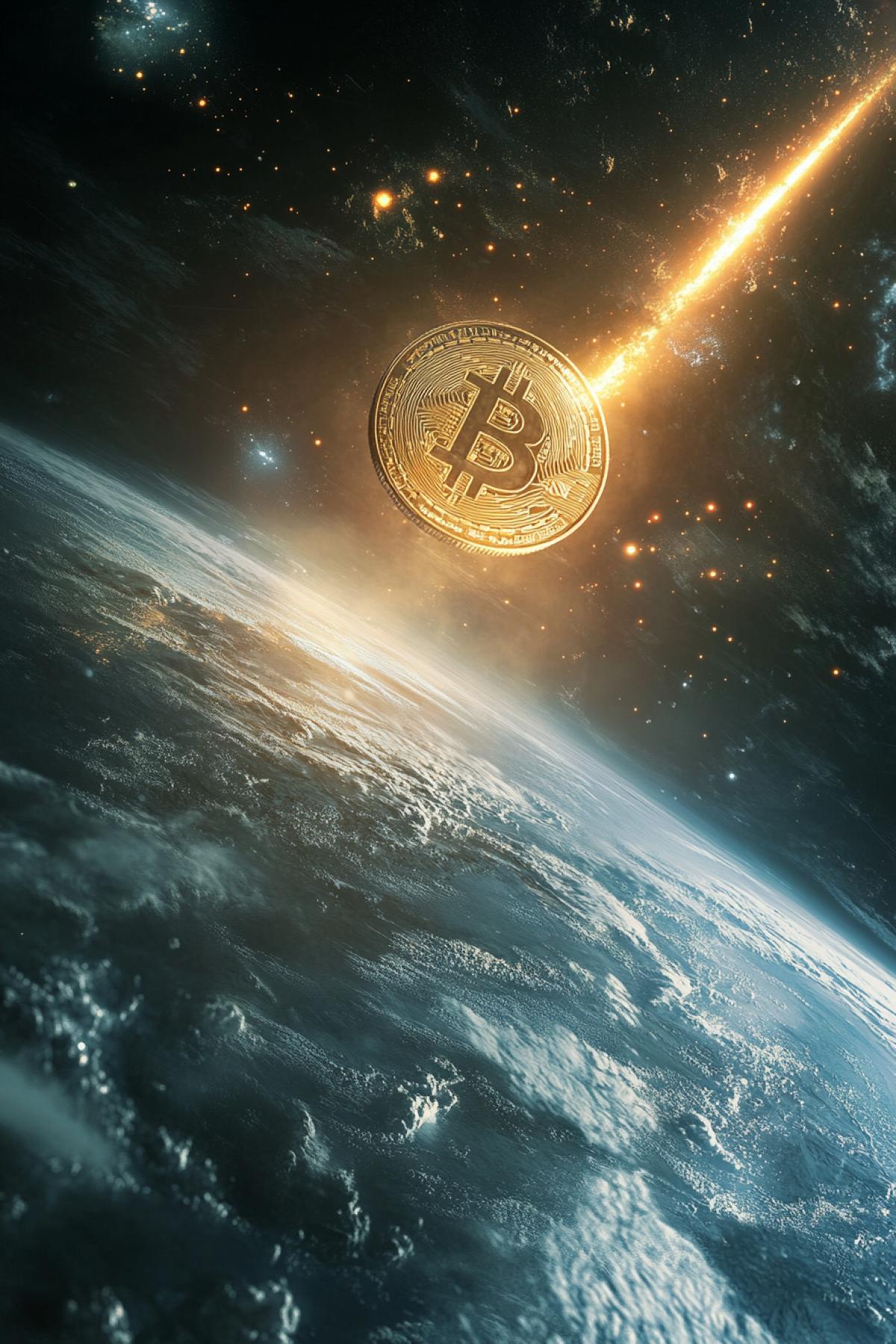 The Bitcoin cryptocurrency flies into the universe, beyond the planet Earth.