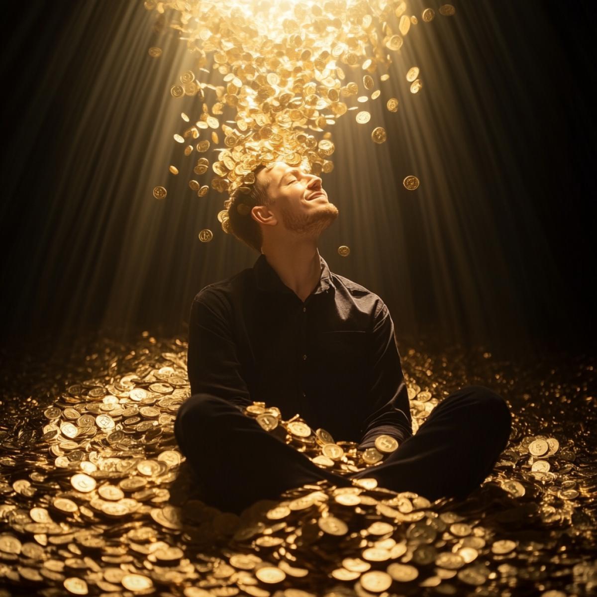 A man sits in a large pile of bitcoins, sprinkles them on his head, smiles. Magically. Shining light from bitcoins. Realistic photo