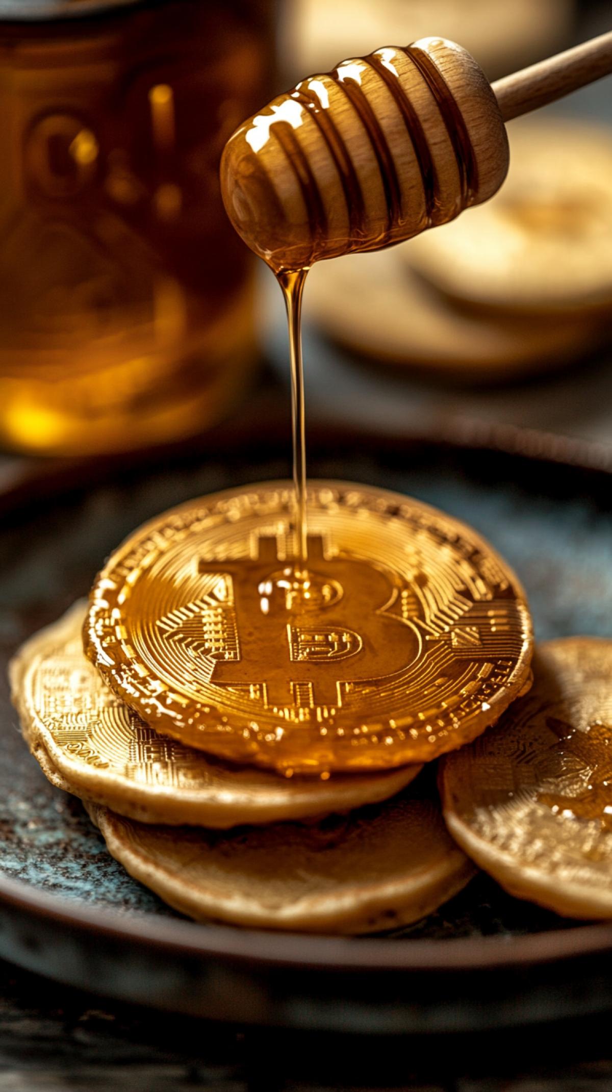 pancakes in the form of bitcoin coins on a plate, drizzled with honey, appetizing