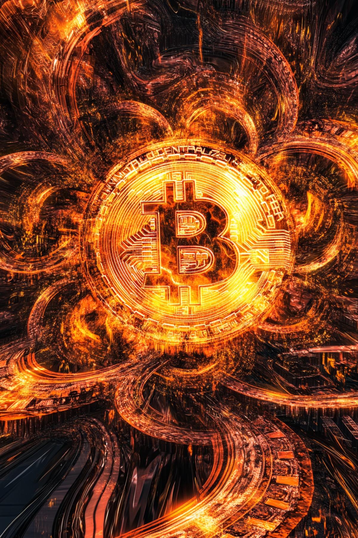 Bitcoin, fusion, maximalism, caricature, psychedelic, flickering, realistic image, photoshop
