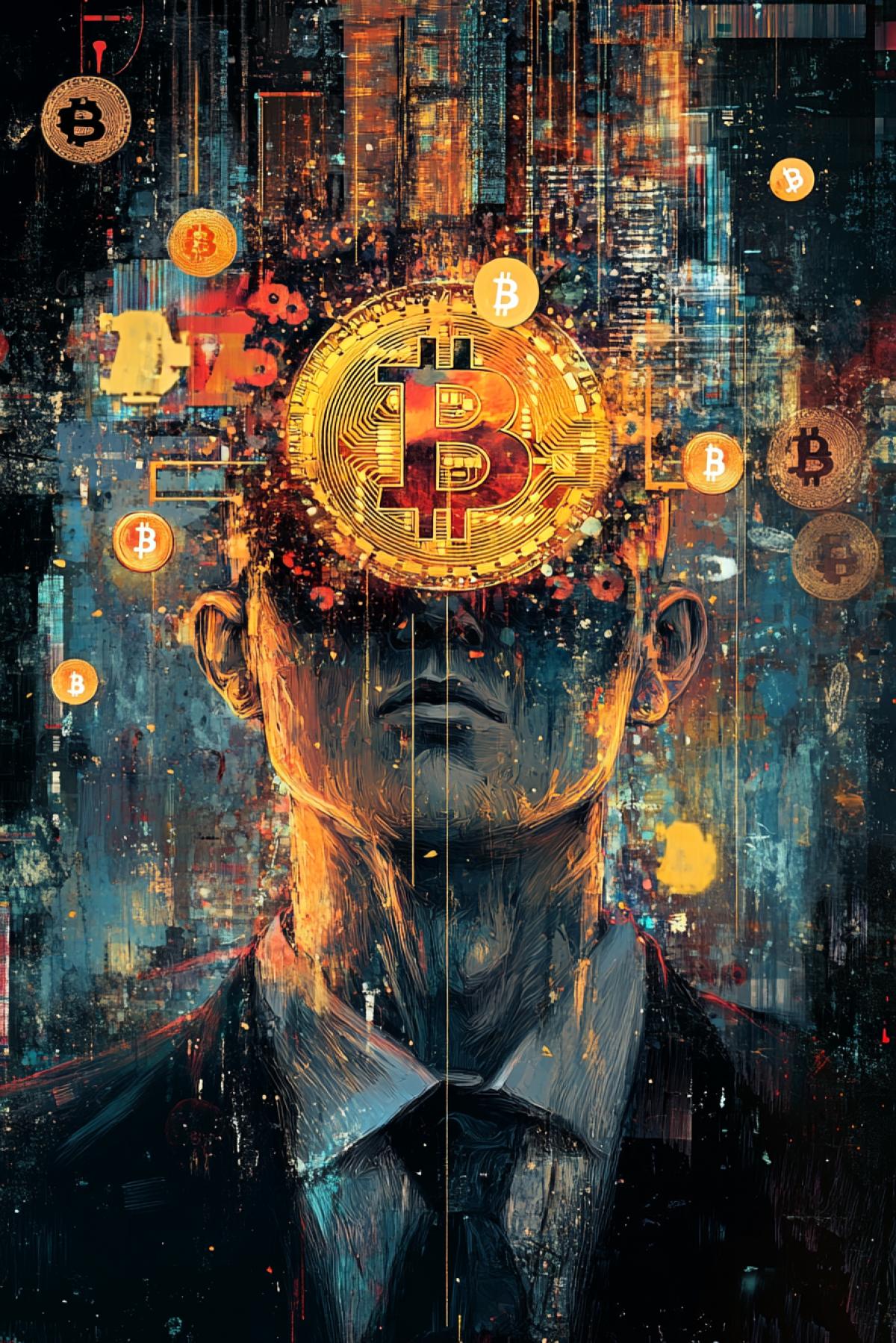 Bitcoin, fusion, maximalism, caricature, psychedelic, flickering, realistic image, photoshop