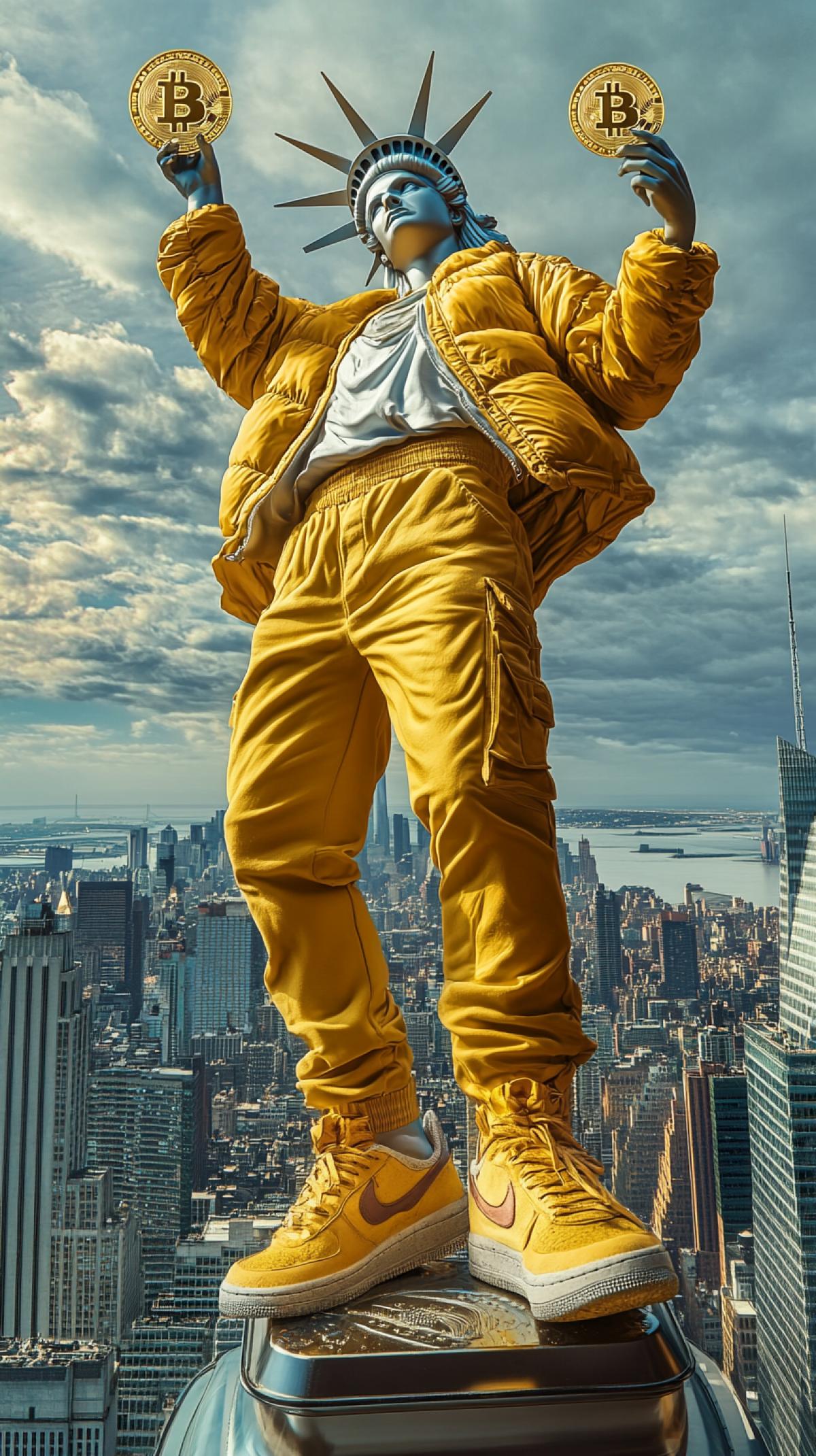 The Statue of Liberty in a yellow fur jacket, yellow trousers and Nike sneakers stands on top of the Empire State Building, pointing her fingers at the sky, holding a gold bitcoin coin in her hand