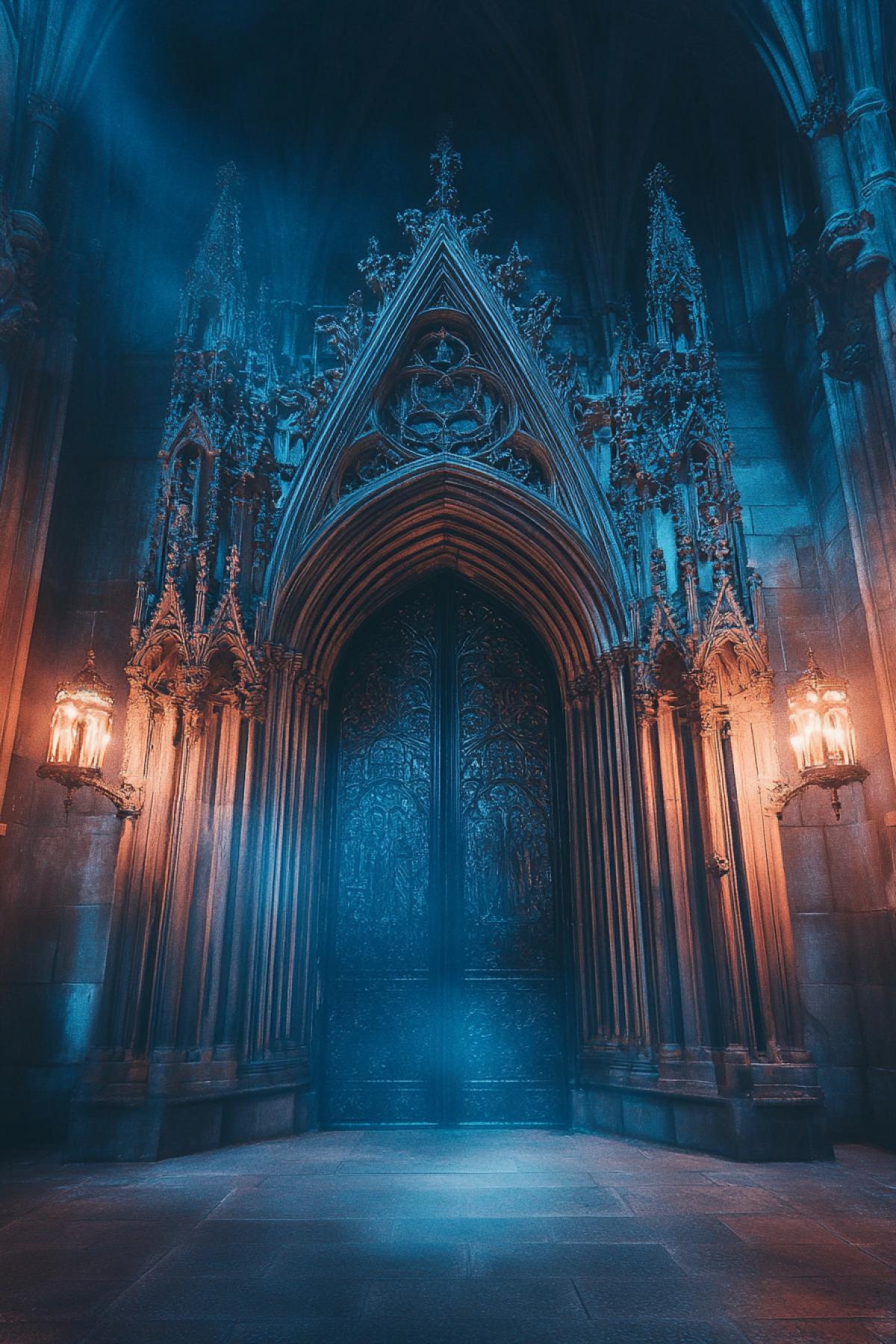 A beautiful dark temple in the Gothic style. Gothic architecture. At the entrance there are lamps or torches with blue flames.