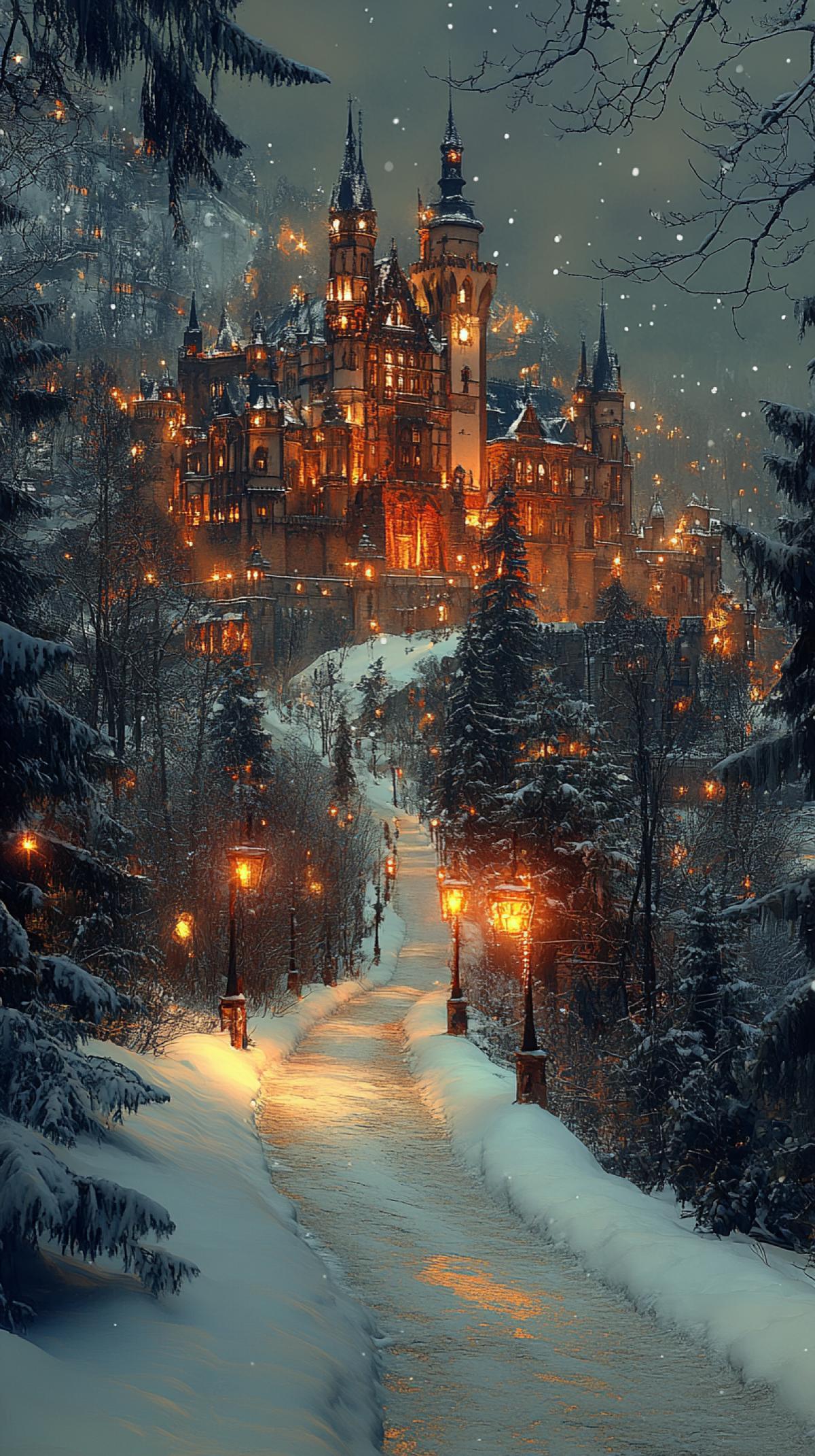 ancient gothic castle, cozy lights, road, lanterns, Gothic architecture, winter, night, fantasy style, fantasy style, Kazuo Oga Ghibli Background ArtColor Style. Neutral Emotions, Only Background, Light Colors, Little Saturation, by Gerald Brom, close up