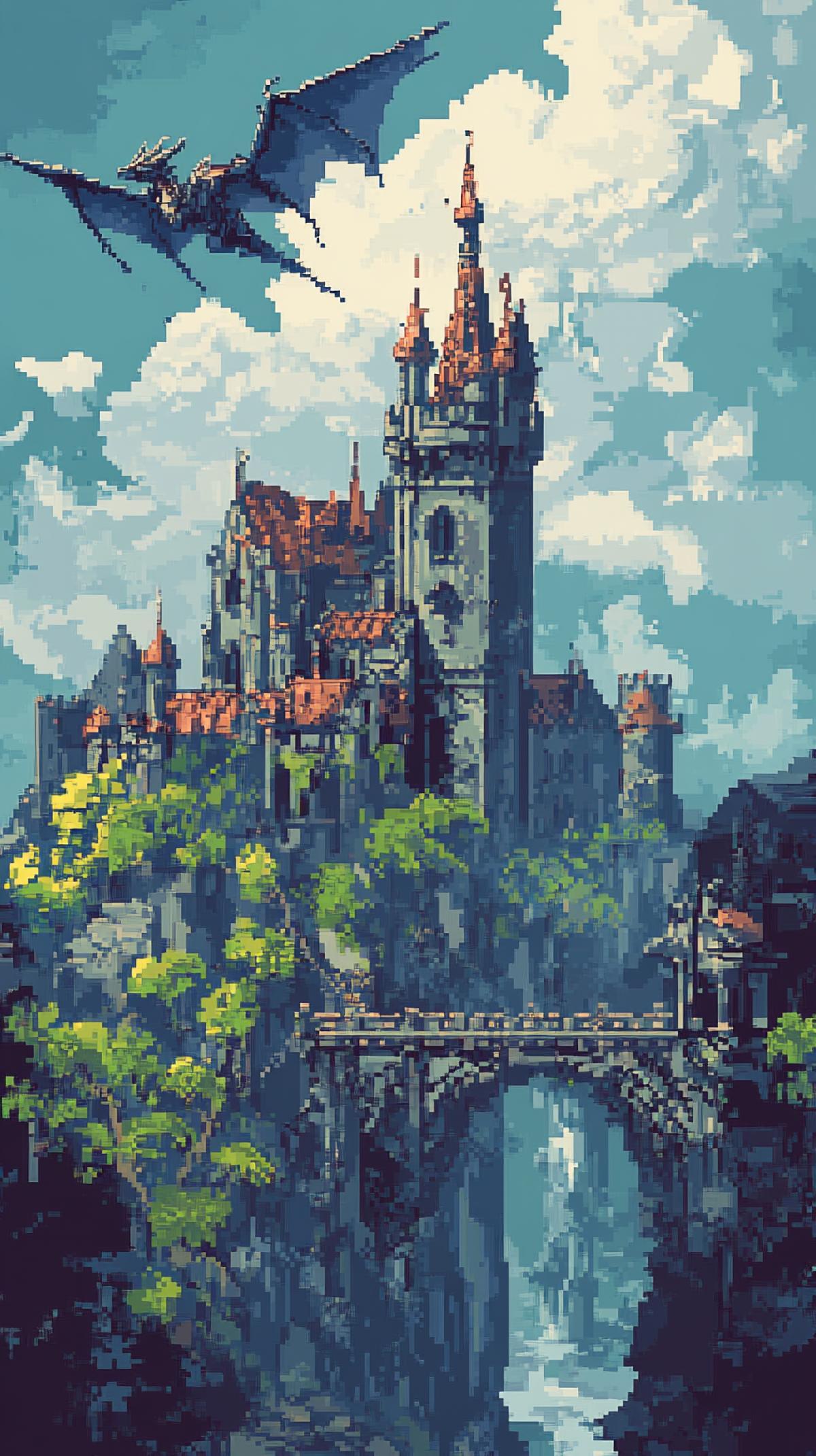 gothic castle, a dragon flies over it, 8-bit art, pixel art, in the style of the Dragon Castle game