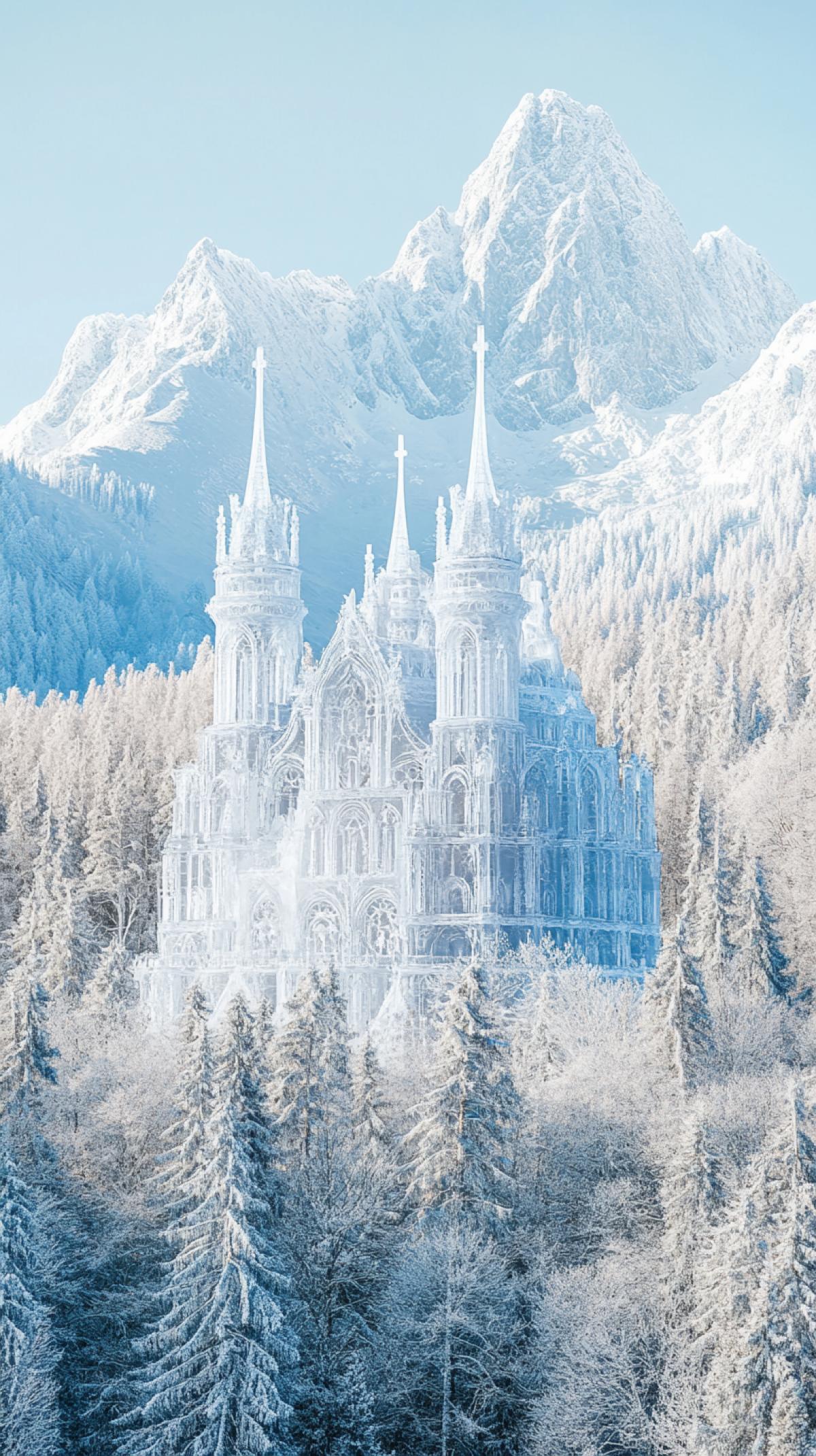 Gothic cathedral made of transparent ice, forest around the mountain, winter, sunny