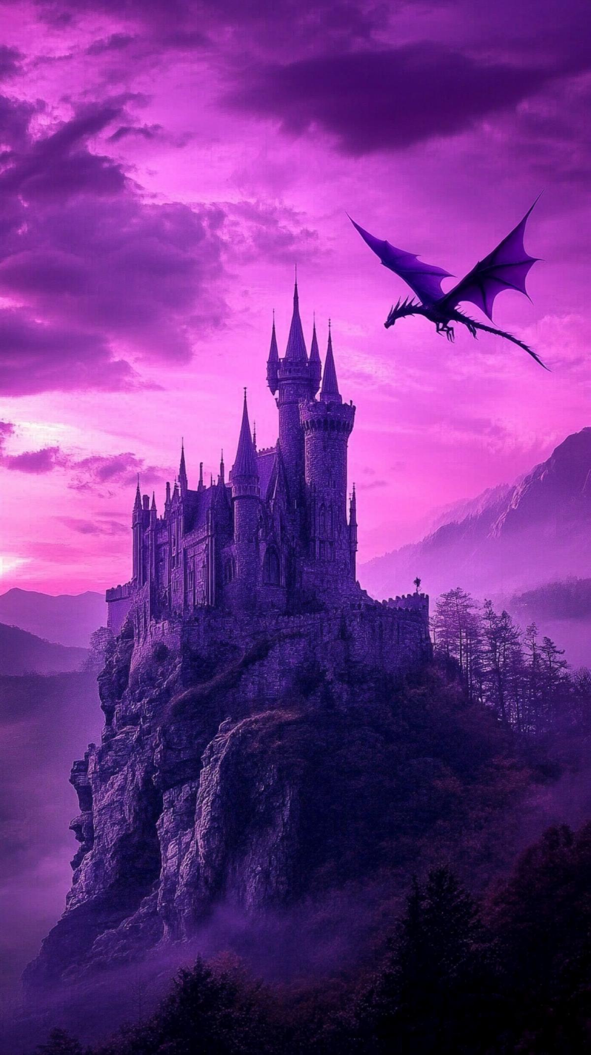 a Gothic castle on a mountain, a dragon flying over it, a purple sunset, fantasy