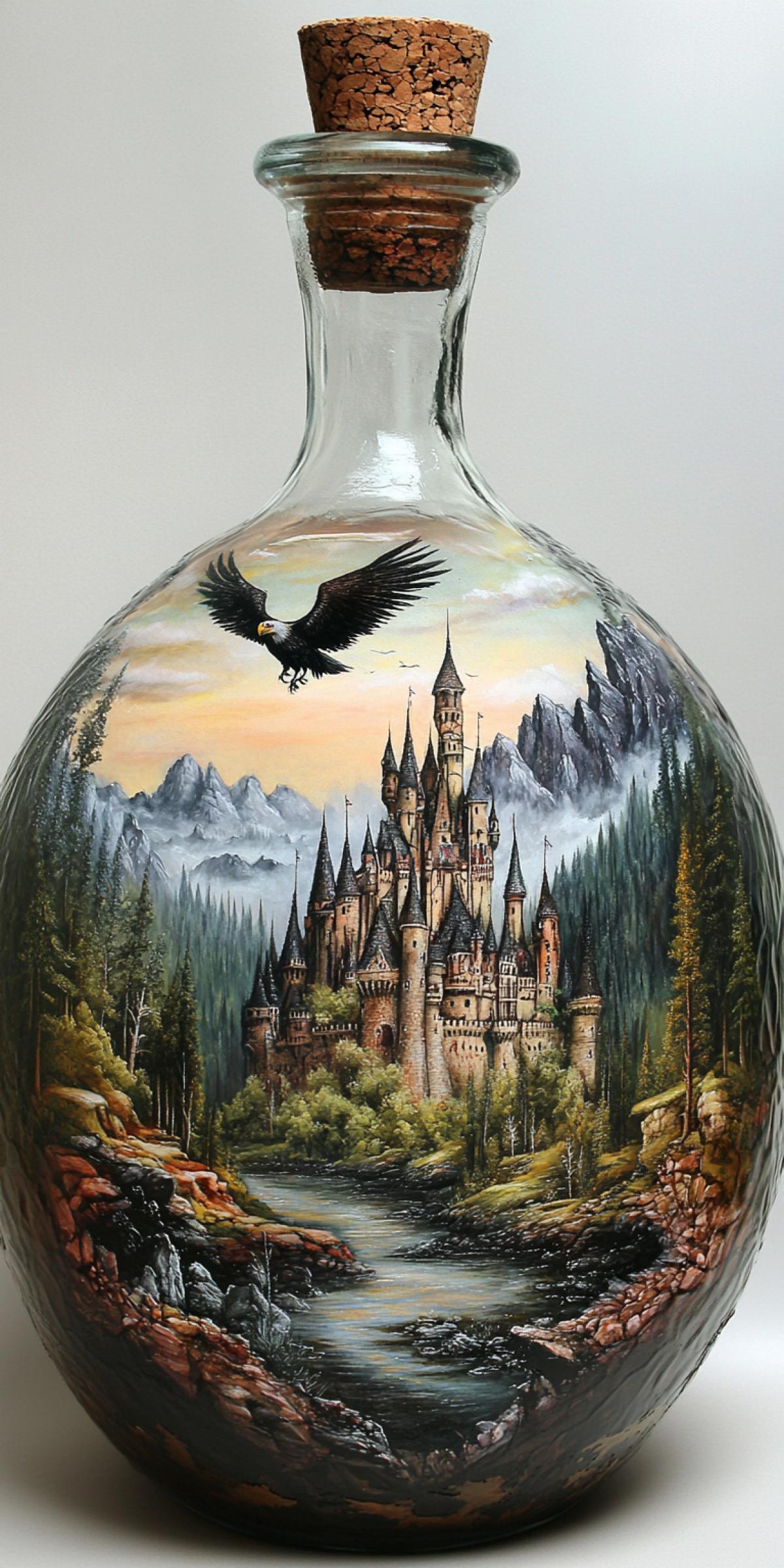 A pot-bellied round bottle with a corked neck. There is a whole world inside the bottle: a fairytale castle, a dragon and a big eagle flying over the castle. The castle is surrounded by forests and mountains. All this is inside a pot-bellied glass bottle.
