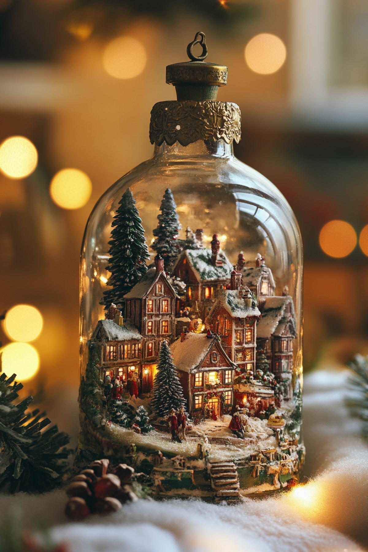 Christmas world inside a glass bottle. Christmas town, Christmas tree. Bright and rich colors. The Christmas world is inside a glass bottle.