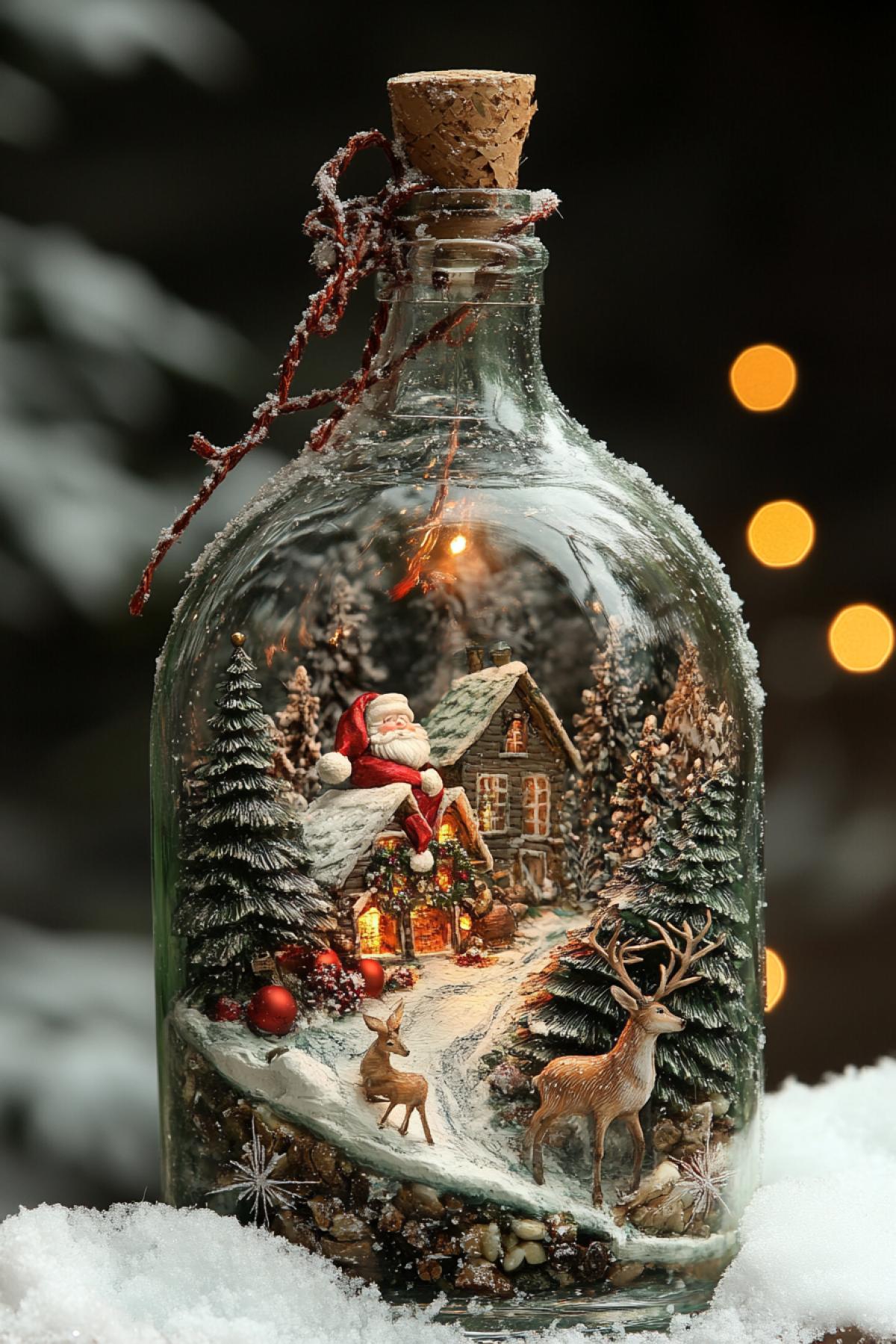New Years fairy tale in a bottle, with Santa Claus, garland, deer