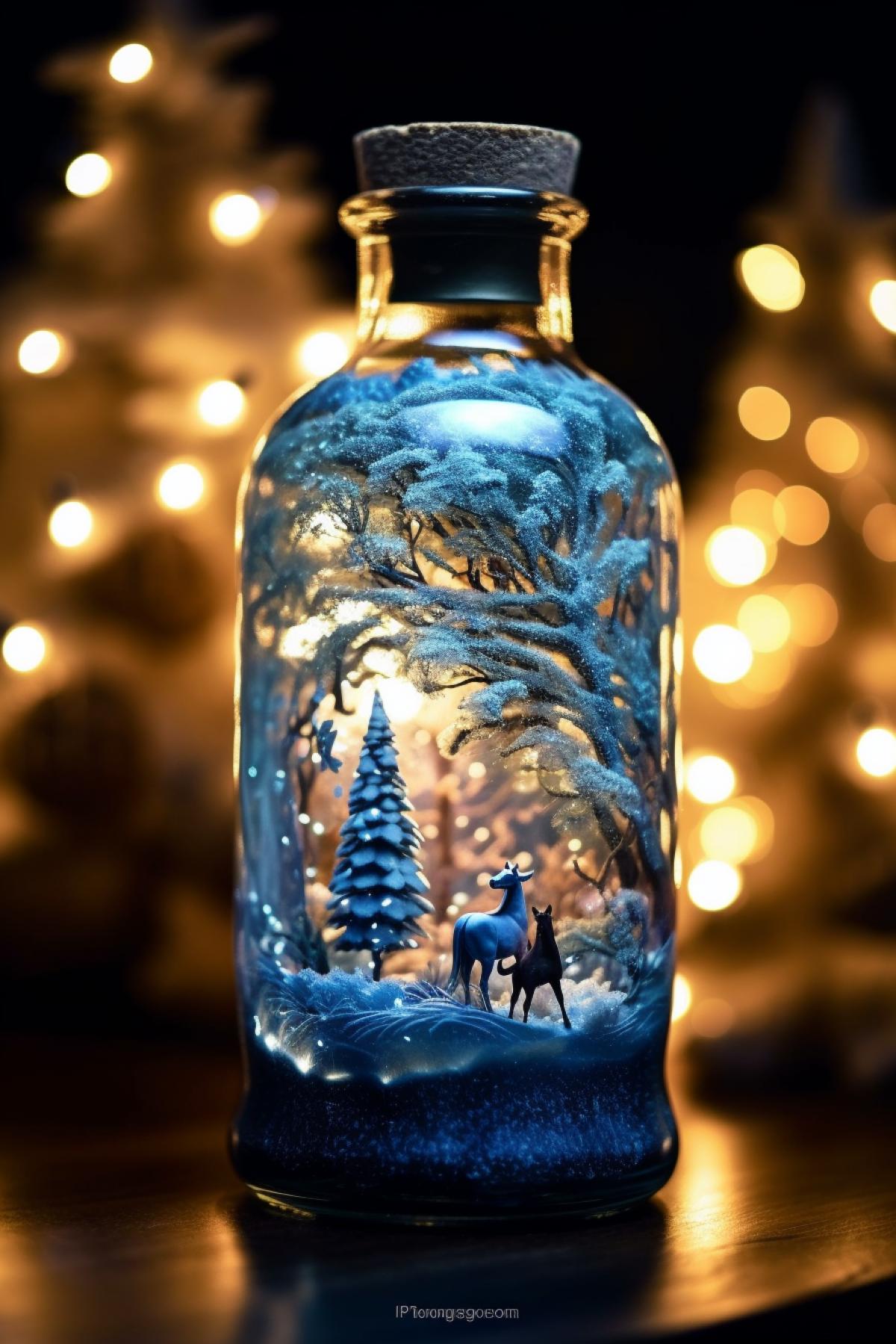 New Years miracle in a glass bottle, little unicorn, winter forest in the evening, snowflakes, garland in the forest