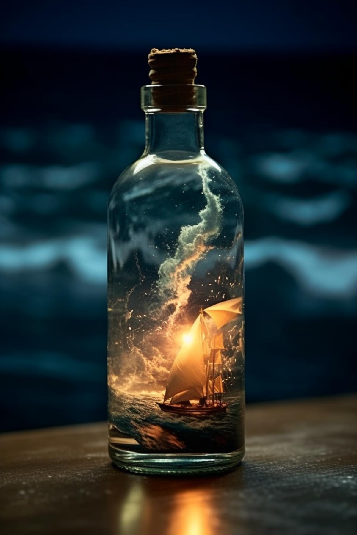 Wild sea and mountains in a glass bottle, bad weather lightning in a bottle