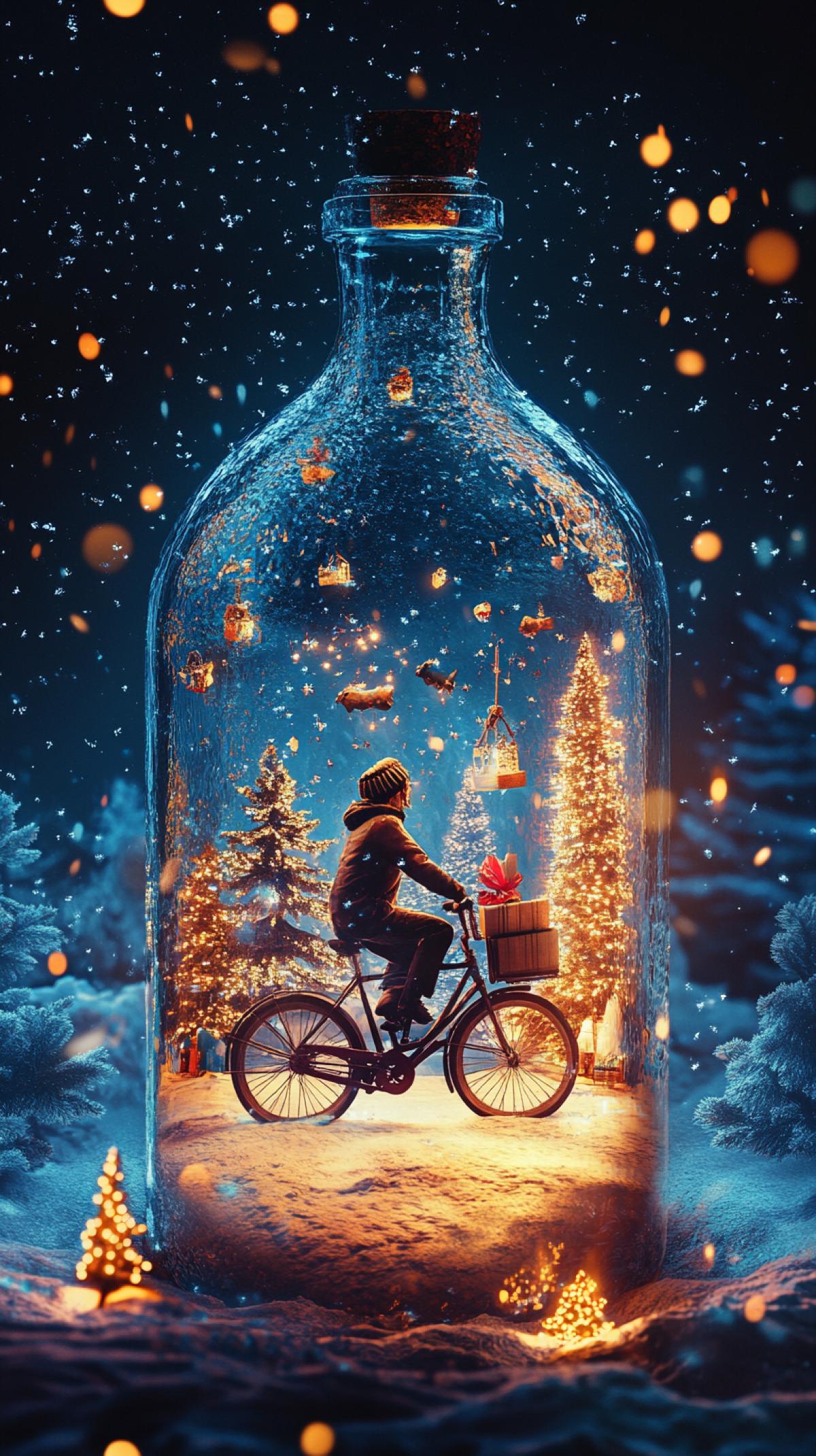 There is a New Years atmosphere inside the large bottle, the courier is riding a bicycle, carrying a gift. The image is fabulous, magical, as naturalistic as possible, 4K, the highest quality 3D, 4D. The whole world is inside a bottle