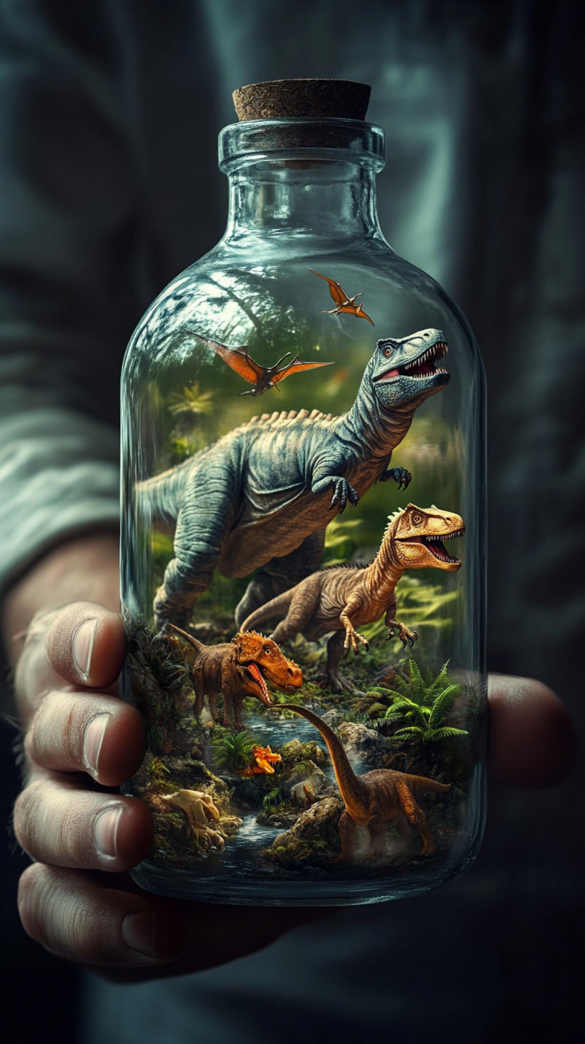 Microworld in a bottle, dinosaurs in a glass bottle. Man holding a bottle in his hand