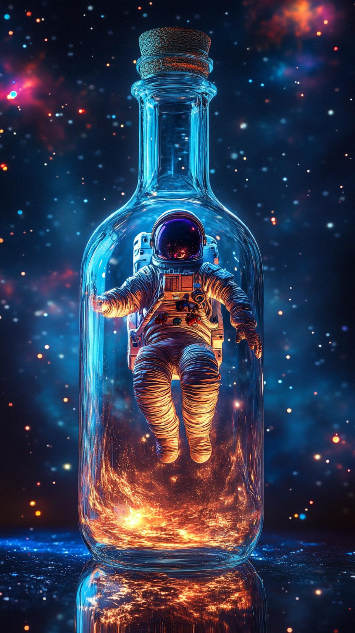 a glass bottle in space. There is an astronaut in a spacesuit in a bottle. against the background of the galaxy