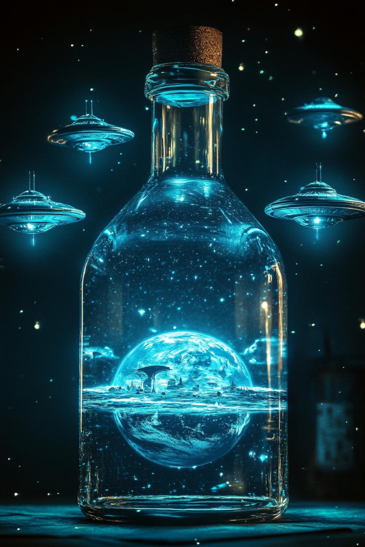 Planet earth is on a ship, UFOs are flying around. All this in a bottle illuminated from above