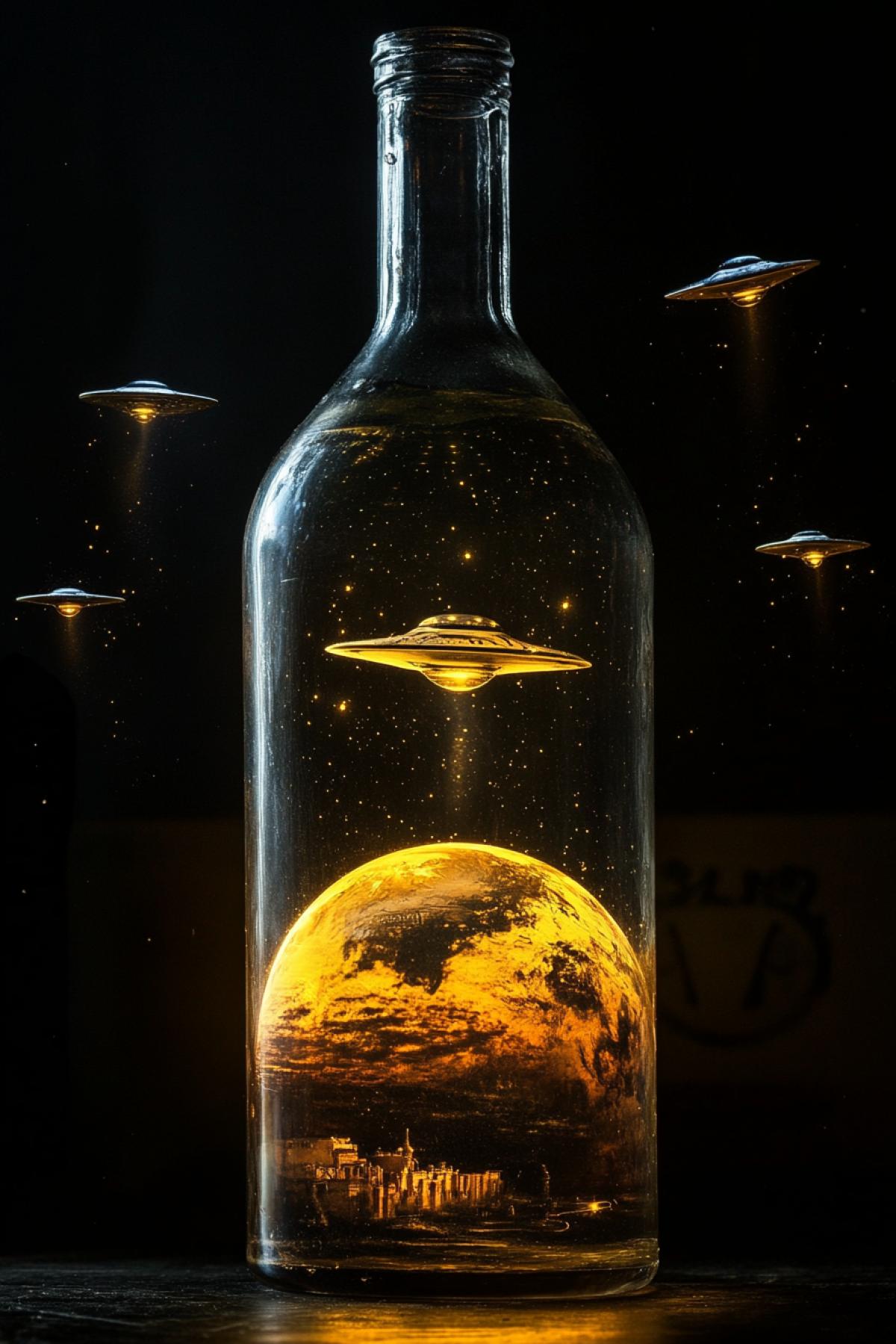 Planet earth is on a ship, UFOs are flying around. All this in a bottle illuminated from above