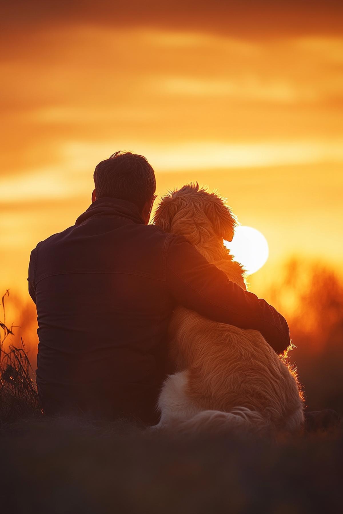 A man sits and hugs his beloved shaggy dog ​​and watches the sunset. Man and dog friendship forever.
