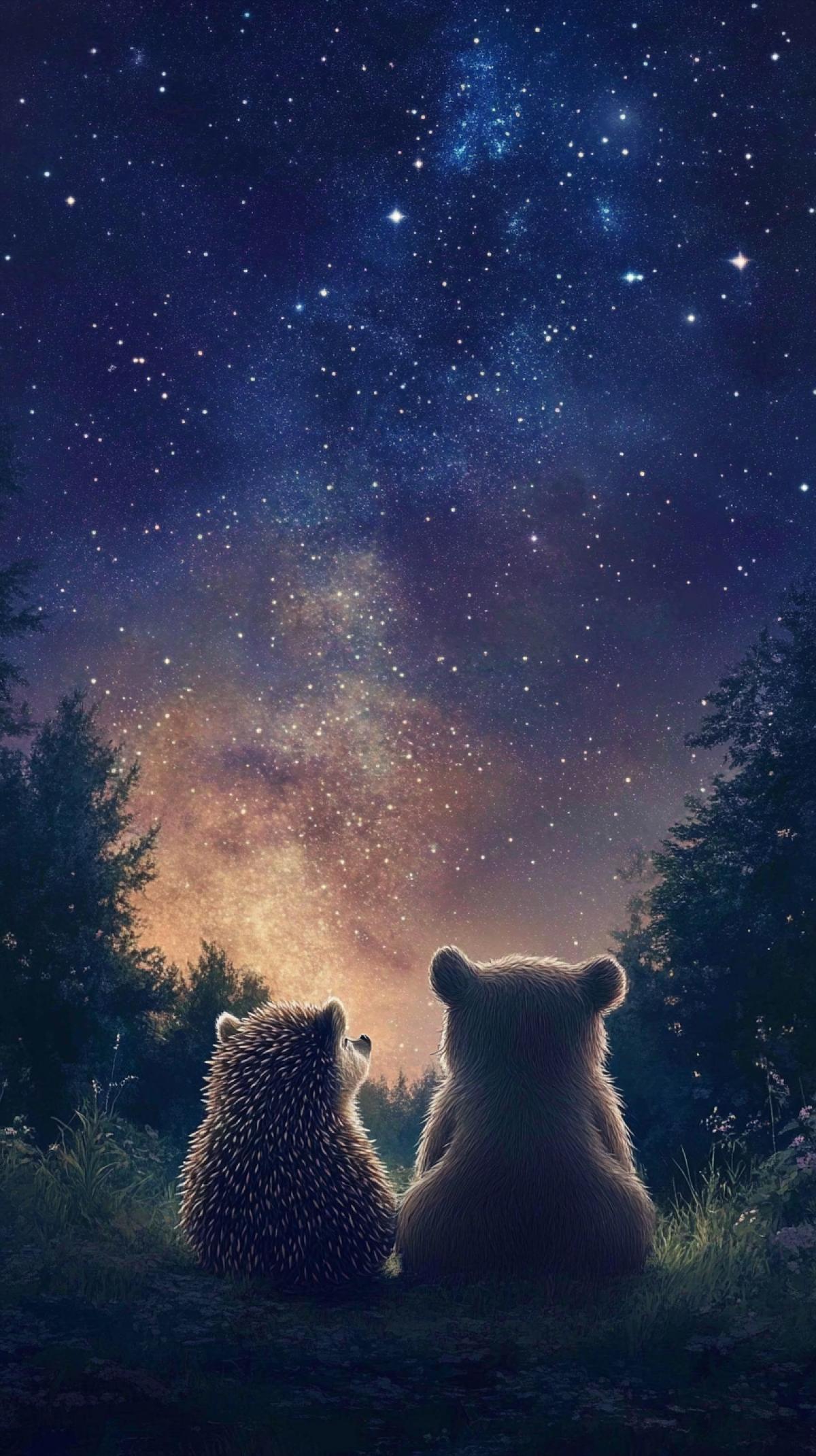 Hedgehog and bear look at the starry sky, forest background and starry sky