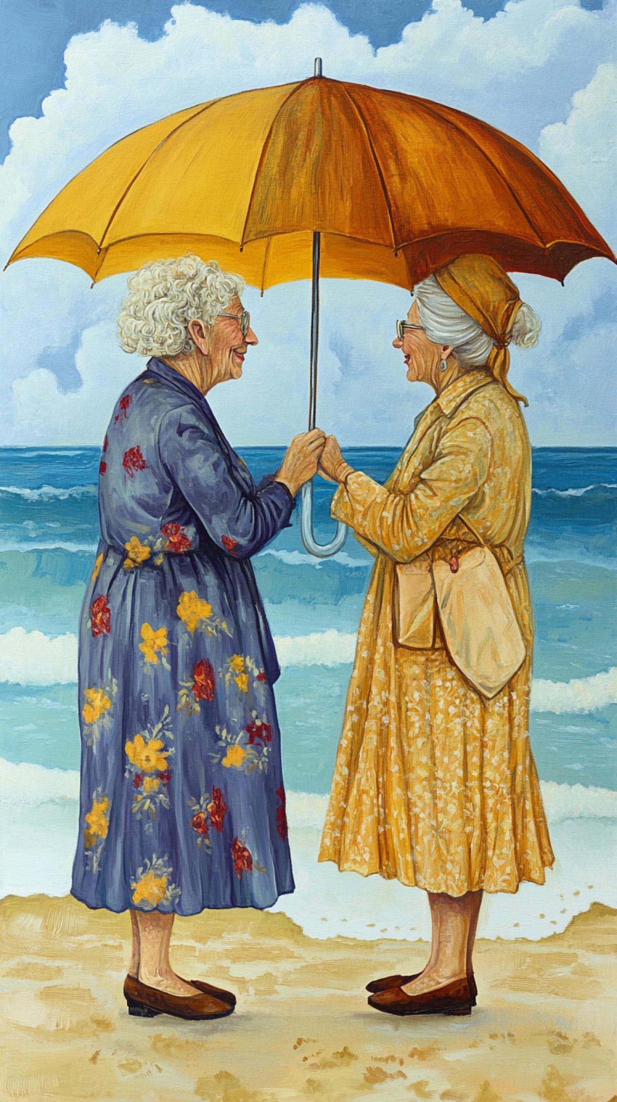Two lovely old ladies under one umbrella by the sea