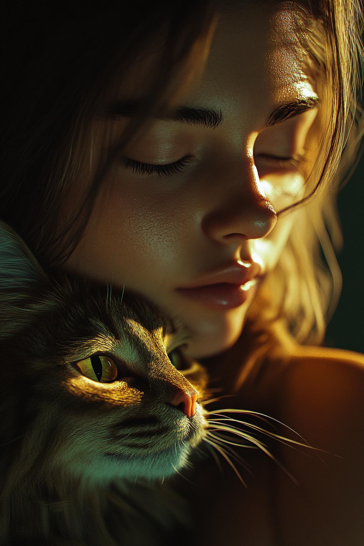 Girl with a cat, logo, symbol, minimalism, graphics, clear details, 3d, flickering, realistic image, photoshop