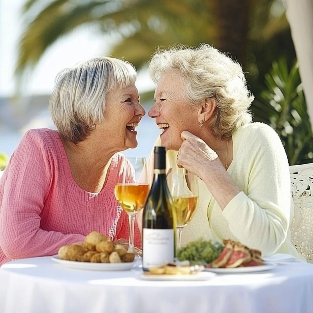 Two elderly women in bright clothes are sitting at a table in a restaurant, drinking wine and laughing. Against the backdrop is the sea and palm trees. There are snacks and a bottle of wine on the table. One woman whispers in the ear of another. Realistic photo. Bright colors.