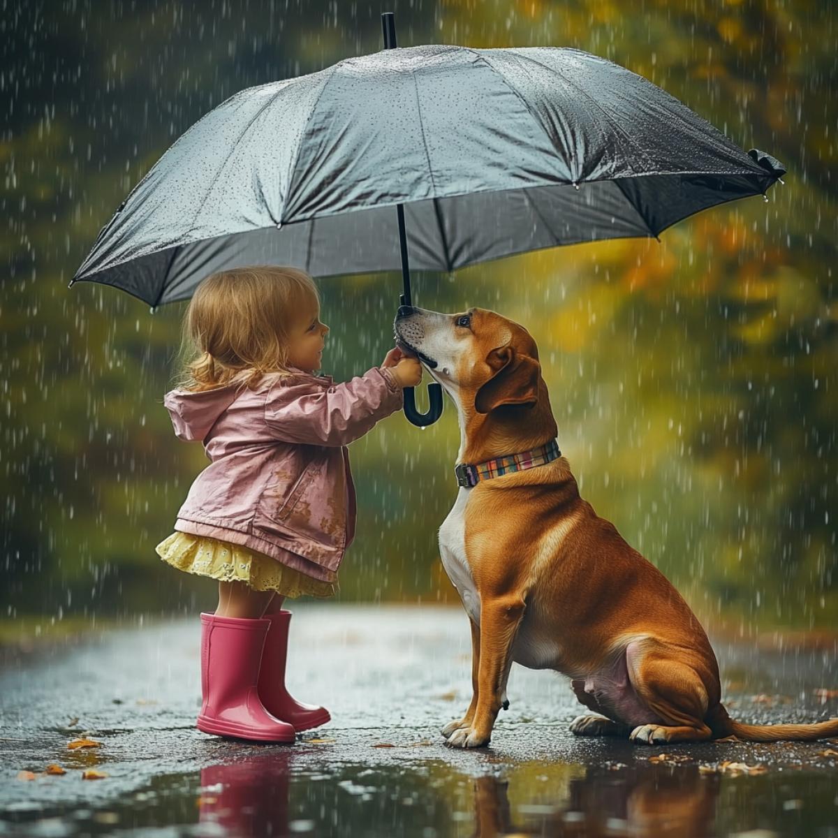 A little girl in rubber boots and a jacket holds a large umbrella over a dog, covering the dog from the rain. Its raining, puddles, raindrops. Realistic high quality photo