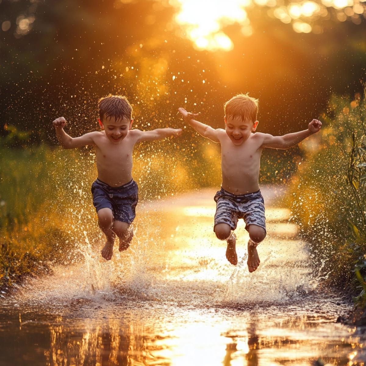 two boys jumping in a puddle with happiness in the rays of the sun in the rain